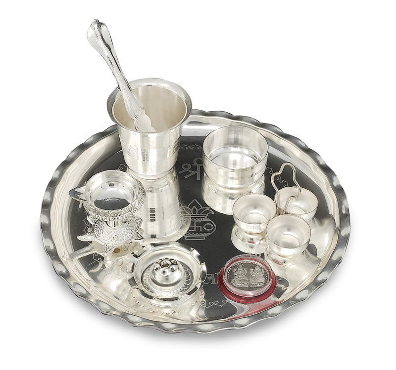 BENGALEN Pooja Thali Set Silver Plated 9.5 Inch Plate with Coin Glass Bowl Tortoise Diya Dhup Dan Palli Kumkum Stand for Puja Diwali Home Decor Temple Office Wedding Return Gift Items