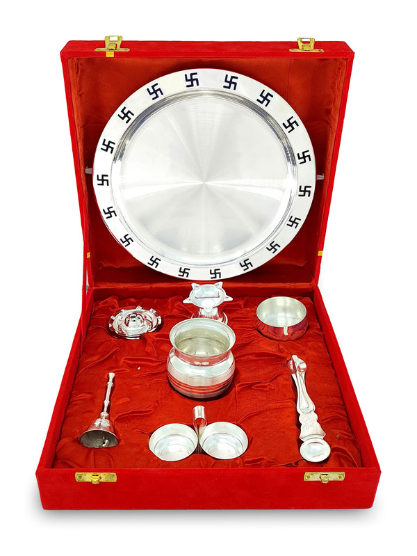 BENGALEN Pooja Thali Set Silver Plated with Red Gift Box