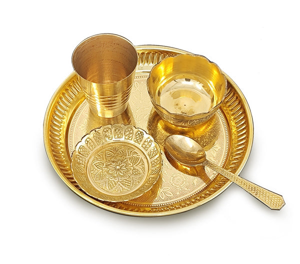 BENGALEN Brass Pooja Thali Set 6 Inch Puja Thali with Pital Plate Bowl Glass Kangura Plate Spoon Arti Thali for Diwali Home Office Mandir Wedding Return Gift Items