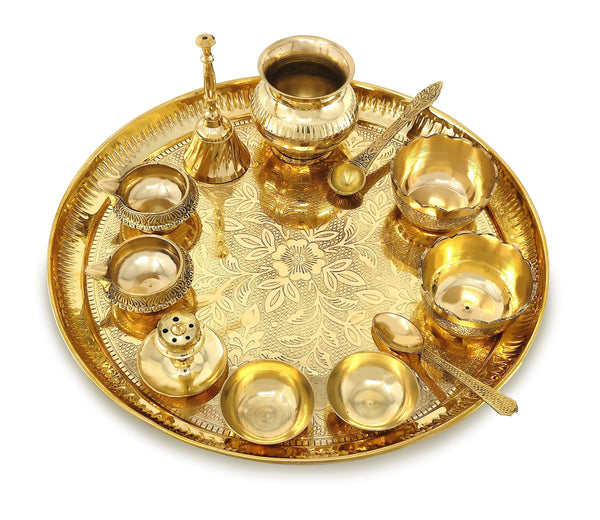Bengalen Brass Pooja Thali Set 12 Inch with Pital Plate Kalash Bowl Spoon Palli Ghanti Kuber Diya Chandan Wati Dhup Dan Puja Thali for Diwali Home Office Mandir Wedding Return Gift Items