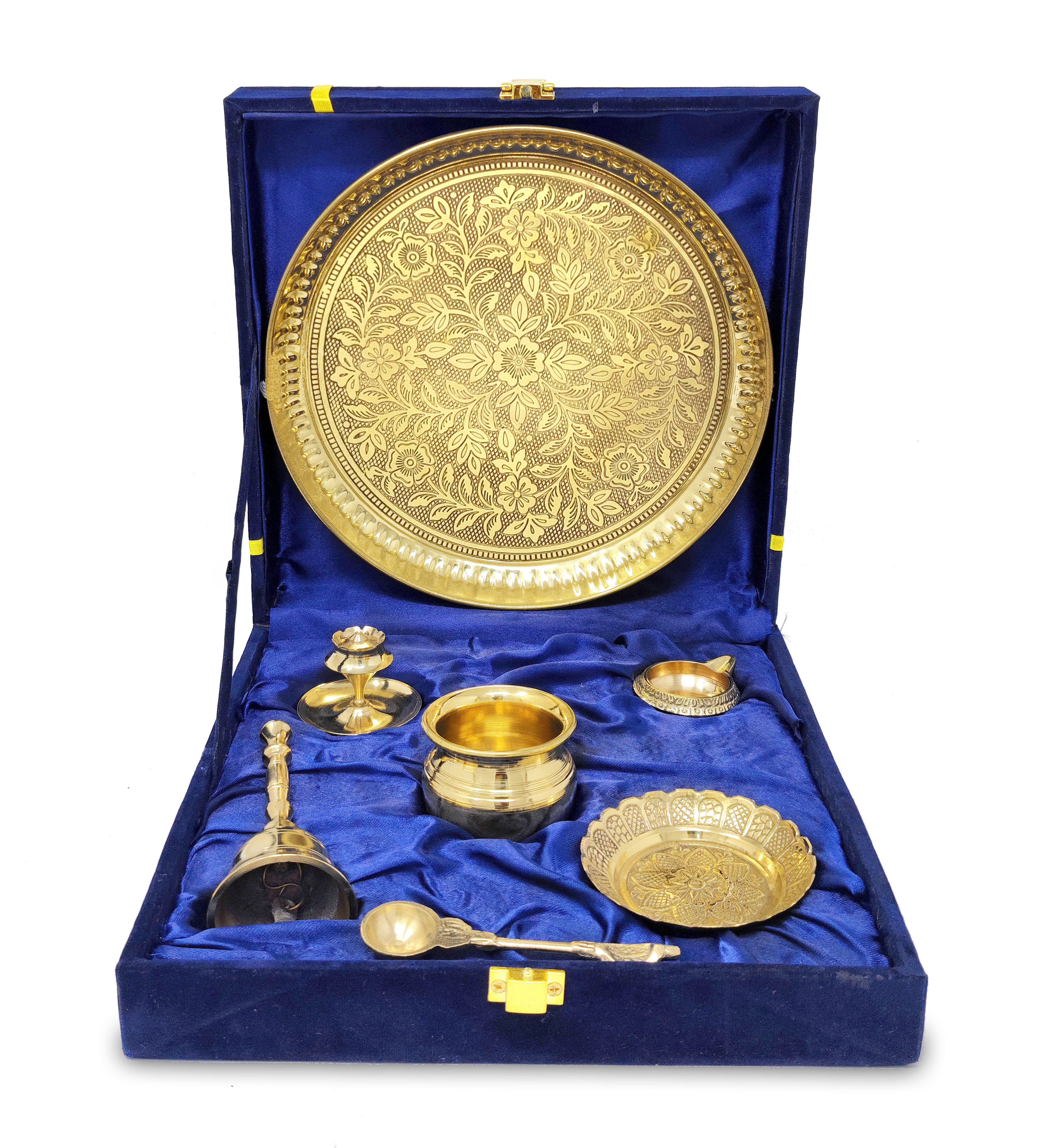 BENGALEN Brass Pooja Thali Set with Blue Gift Box 8 Inch