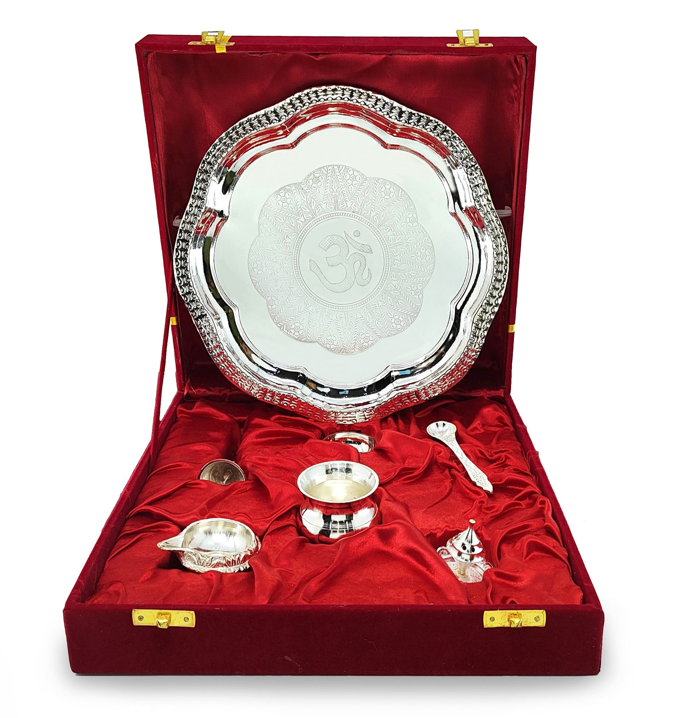BENGALEN Pooja Thali Set Silver Plated with Gift Box 22 cm Designed Puja Plate Kalash Ghanti Bowl Spoon Dhup Dan Kuber Diya for Housewarming Diwali Wedding Gift Items