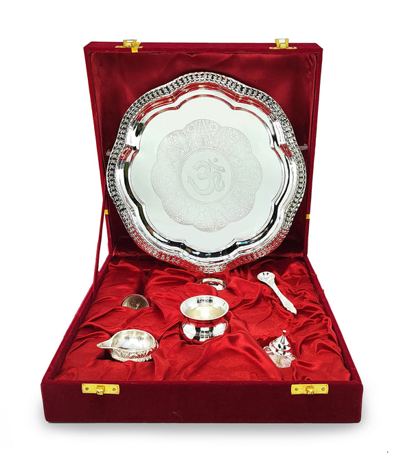 BENGALEN Pooja Thali Set Silver Plated with Gift Box 22 cm Designed Puja Plate Kalash Ghanti Bowl Spoon Dhup Dan Kuber Diya for Housewarming Diwali Wedding Gift Items