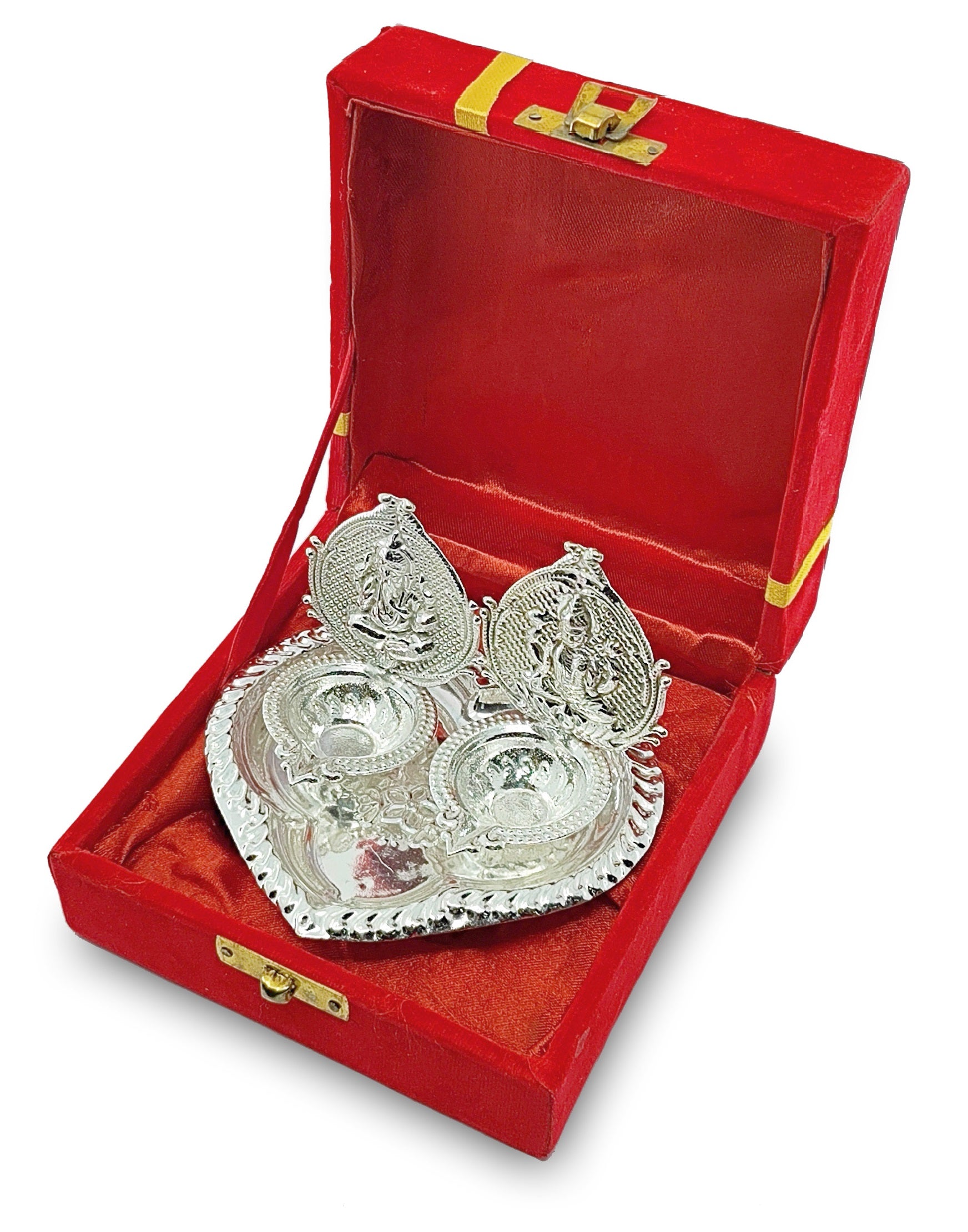 BENGALEN Silver Plated Lakshmi Ganesha Diya with Red Velvet Gift Box Dia Pooja Items Diwali Decoration Puja Gifts Handmade Gift Items
