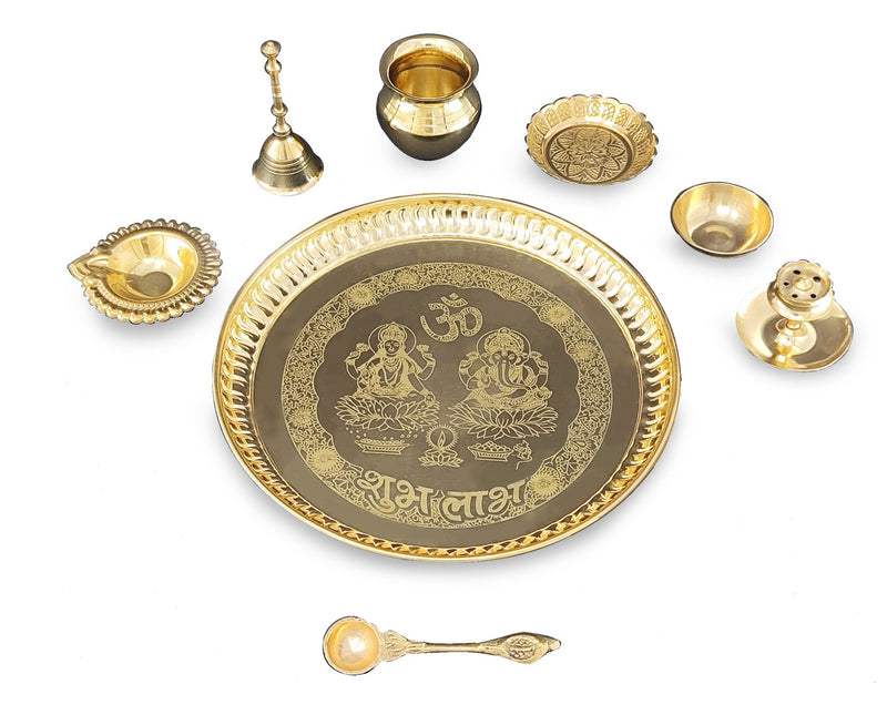 BENGALEN Brass Pooja Thali Set 8 Inch Puja Items with Pital Plate Kalash Palli Kangura Plate Chandan Vati Diya Dhup Dan Ghanti Arti Thali for Diwali Home Office Mandir Wedding Return Gift Items