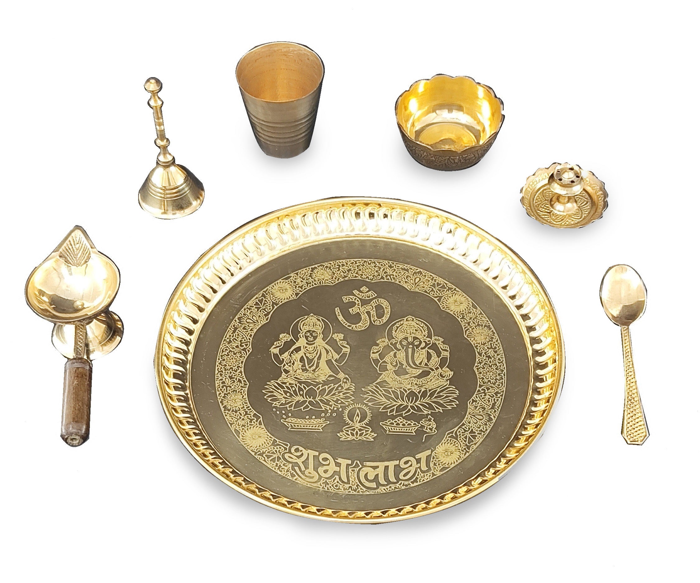 BENGALEN Brass Pooja Thali Set 8 Inch with Pital Puja Plate Glass Bowl Spoon Diya Ghanti Dhup Dan Arti Thali for Diwali Home Office Mandir Wedding Return Gift Items