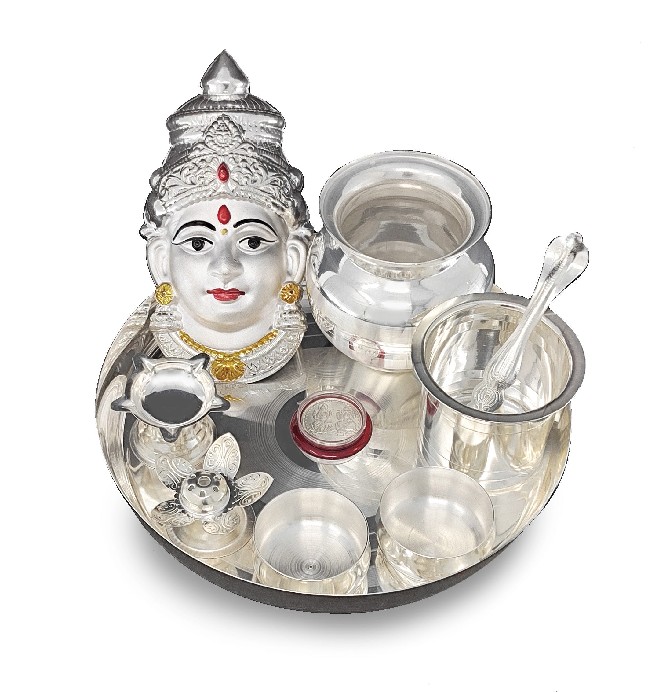 BENGALEN Silver Plated Pooja thali Set with Varalakshmi Devi Mukhota Idol Statue