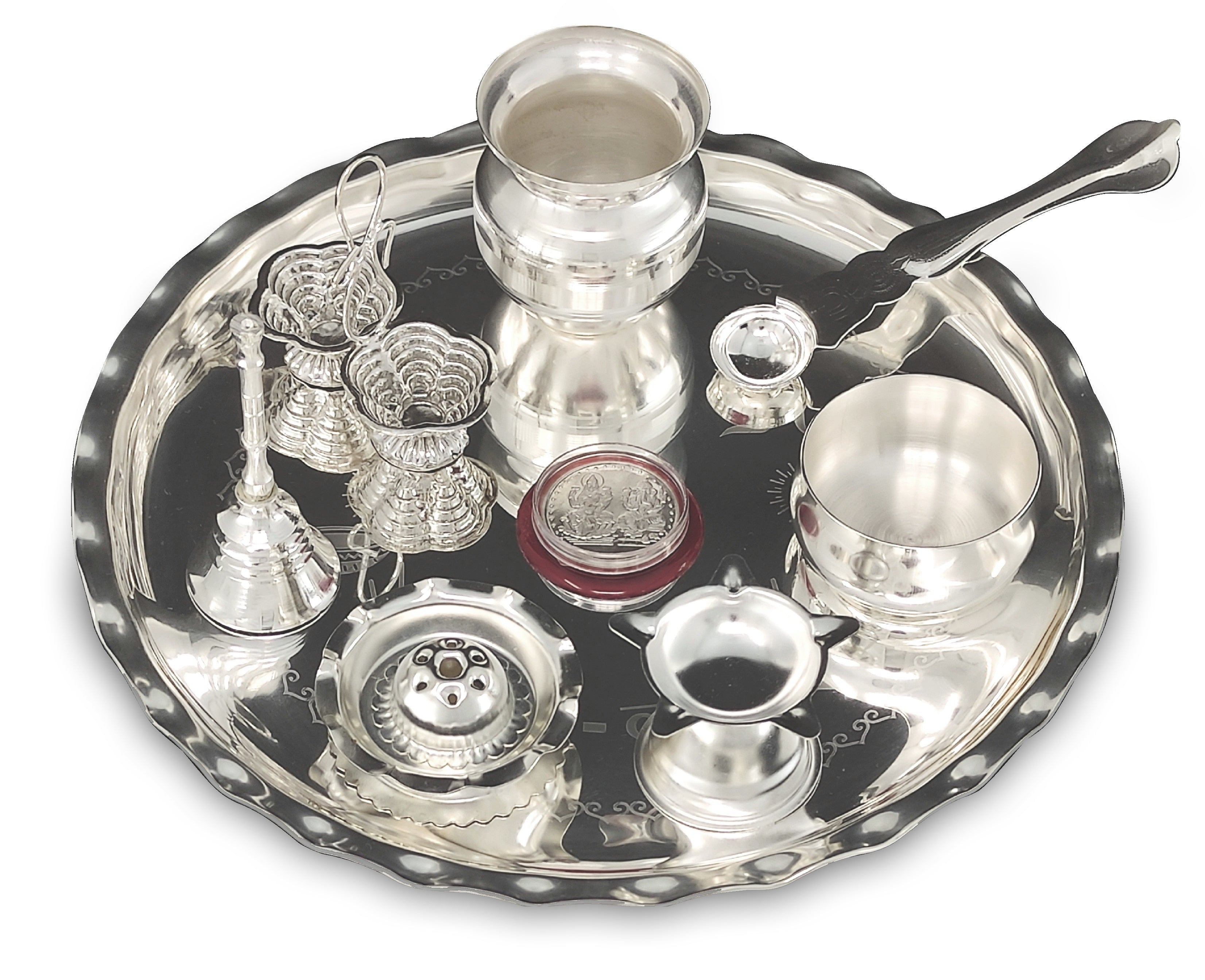 Bengalen Silver Plated Pooja thali Set 9.5 Inch with Plate Kalash Palli Diya Kumkum Holder Bowl Dhup Dan Coin Ghanti Puja Thali for Diwali Home Mandir Office Wedding Return Gift Items