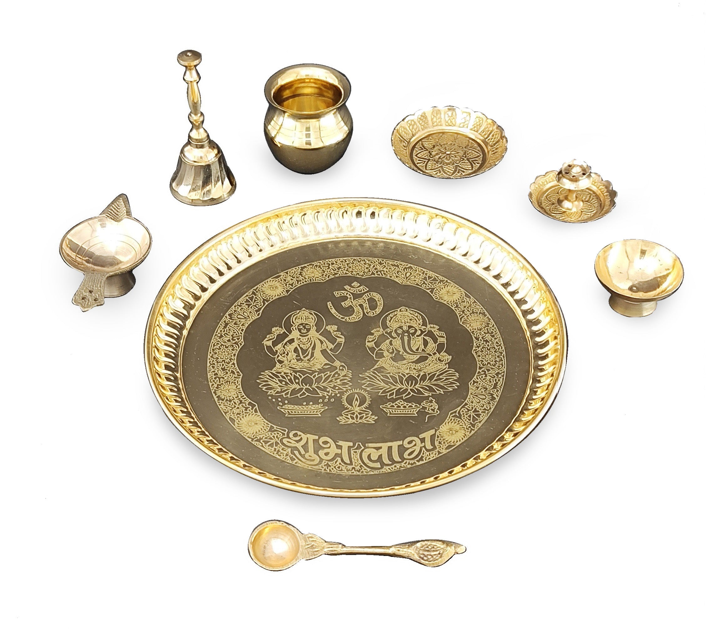 BENGALEN Brass Puja Thali Set 8 Inch Pooja Thali with Pital Plate Kalash Kangura Plate Palli Diya Ghanti Dhup Dan Chandan Wati Arti Thali for Diwali Home Office Mandir Wedding Return Gift Items