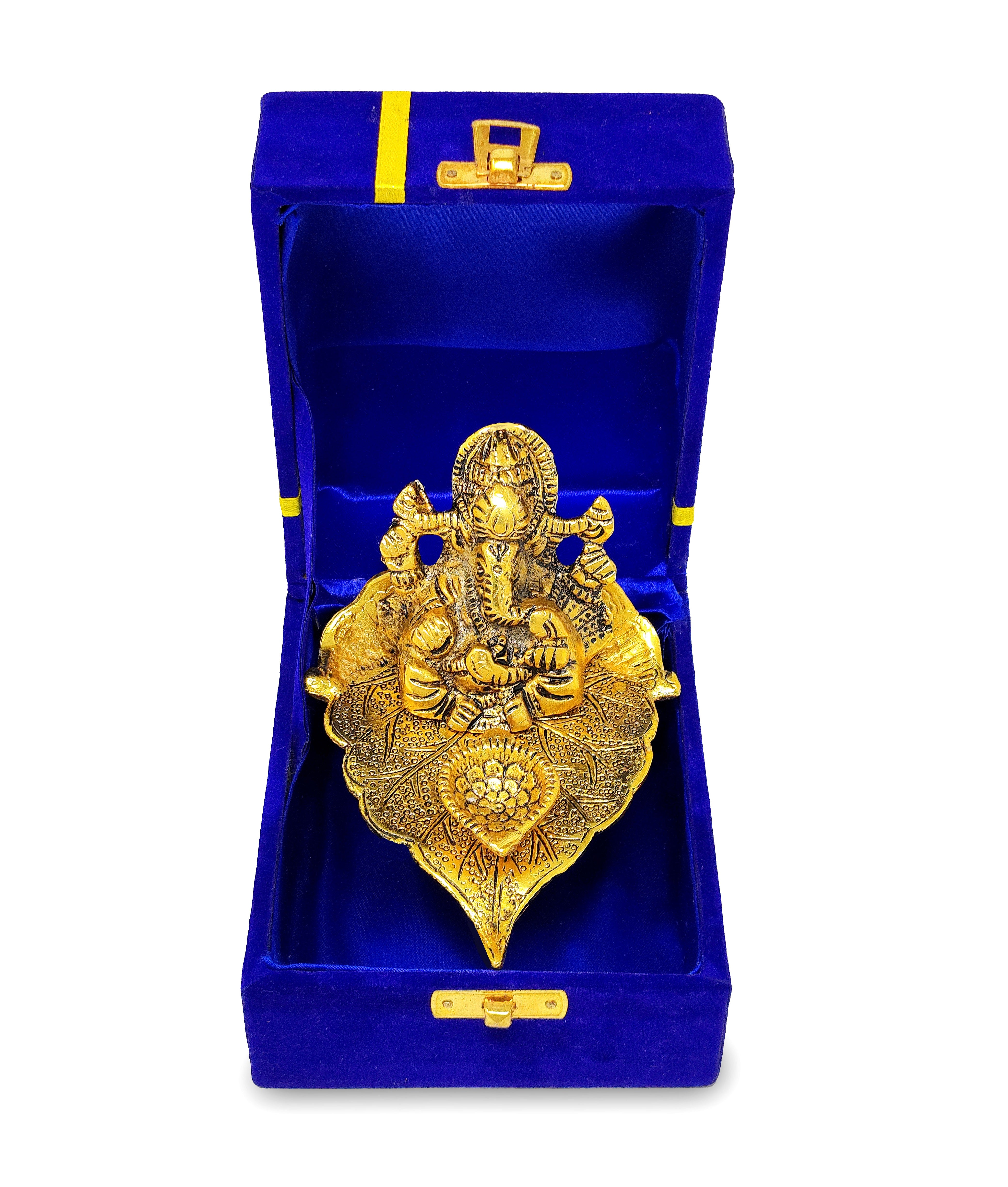 BENGALEN Diya Ganesha on Leaf Oil Lamp Statue Idol Gold with Blue Velvet Gift Box Pooja Items Diwali Decoration Puja Gifts Handmade Oil Lamp Traditional Indian Deepawali Gift Items