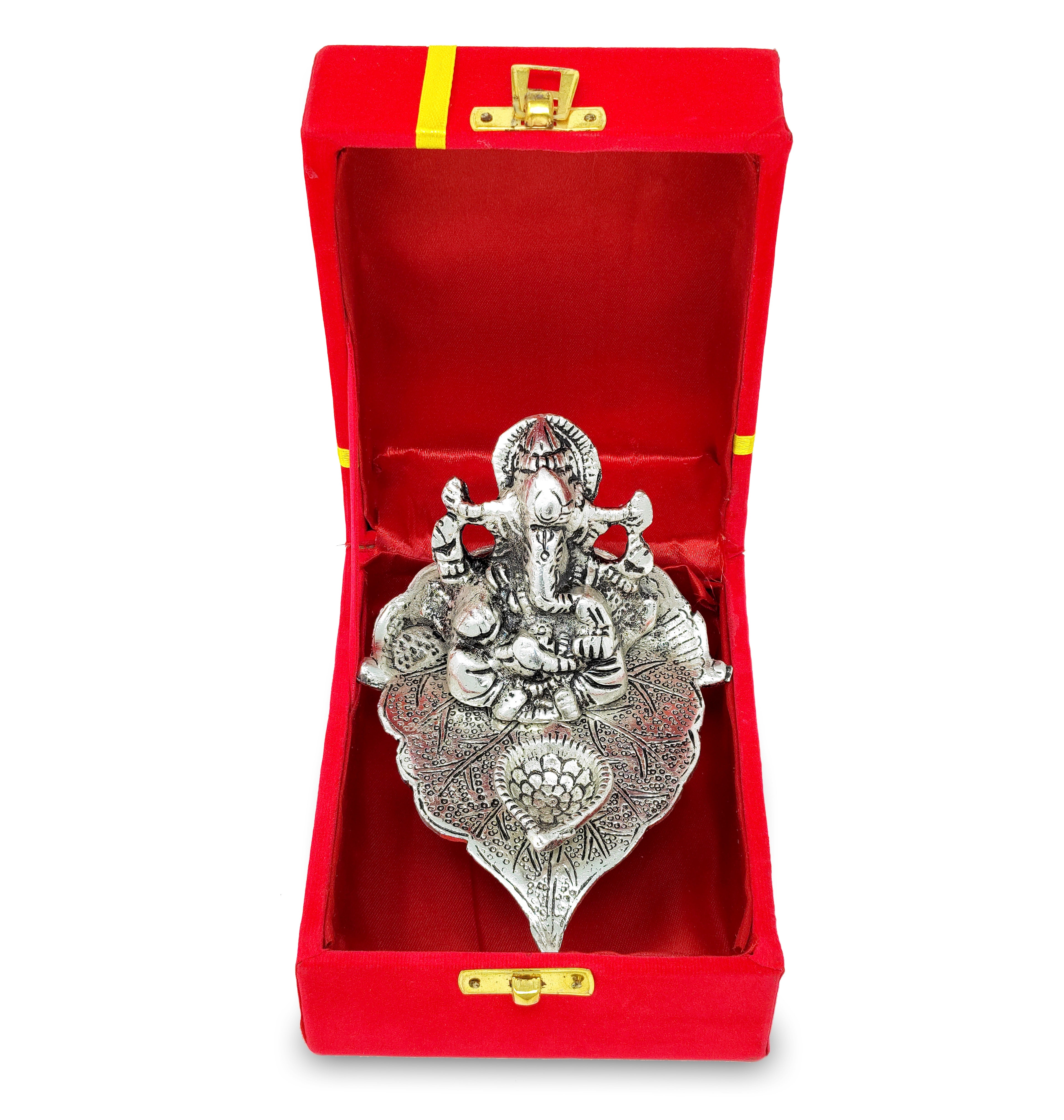 BENGALEN German Silver Diya Ganesha on Leaf Oil Lamp Statue Idol with Red Velvet Gift Box Pooja Items Diwali Decoration Puja Gifts Handmade Oil Lamp Traditional Indian Deepawali Gift Items