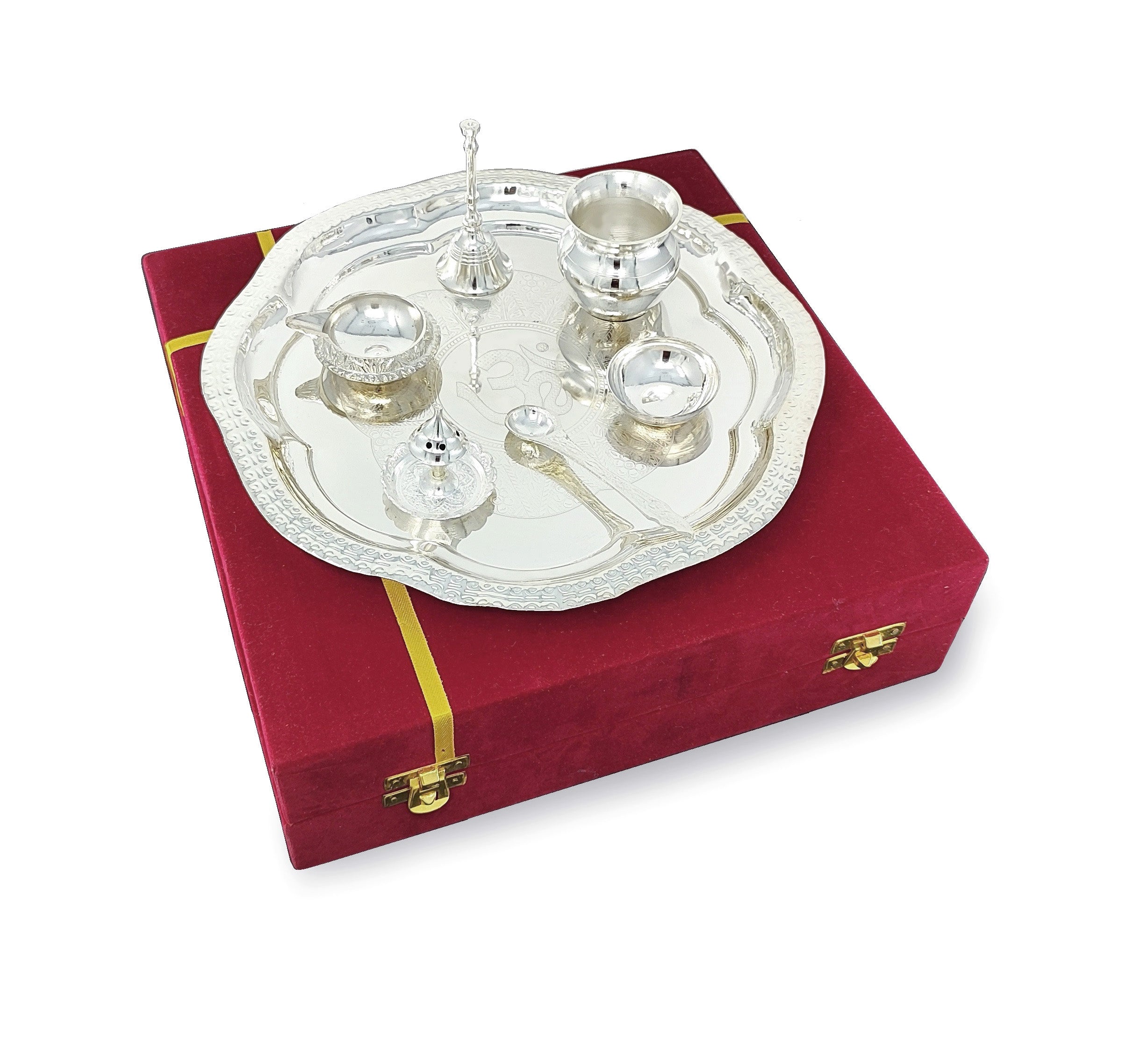 BENGALEN Pooja Thali Set Silver Plated with Gift Box 22 cm Designed Puja Plate Kalash Ghanti Bowl Spoon Dhup Dan Kuber Diya for Housewarming Diwali Wedding Gift Items