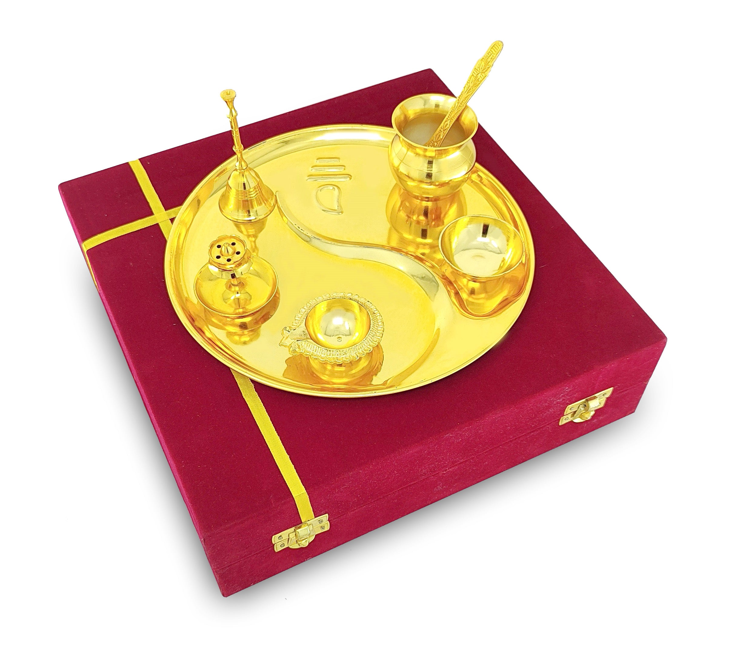 BENGALEN Pooja Thali Set Gold Plated with Gift Box 22 cm Designed Puja Plate Kalash Ghanti Bowl Spoon Dhup Dan Kuber Diya for Housewarming Diwali Wedding Gift Items