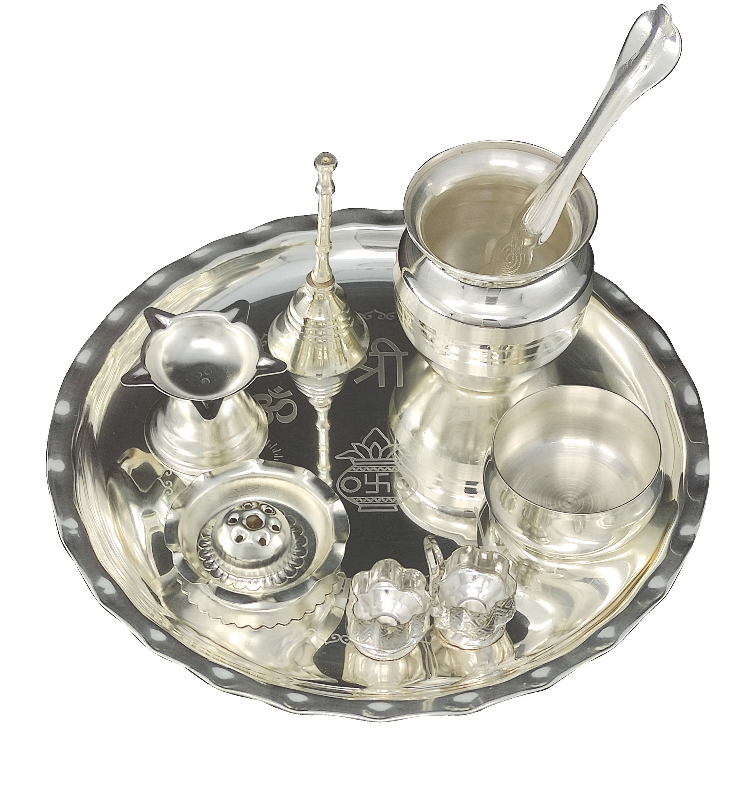 Bengalen Silver Plated Pooja thali Set 8 Inch with Plate Ghanti Bowl Kalash Palli Agarbatti Stand Diya Kumkum Holder Puja Thali for Home Mandir Office Diwali Wedding Return Gift Items