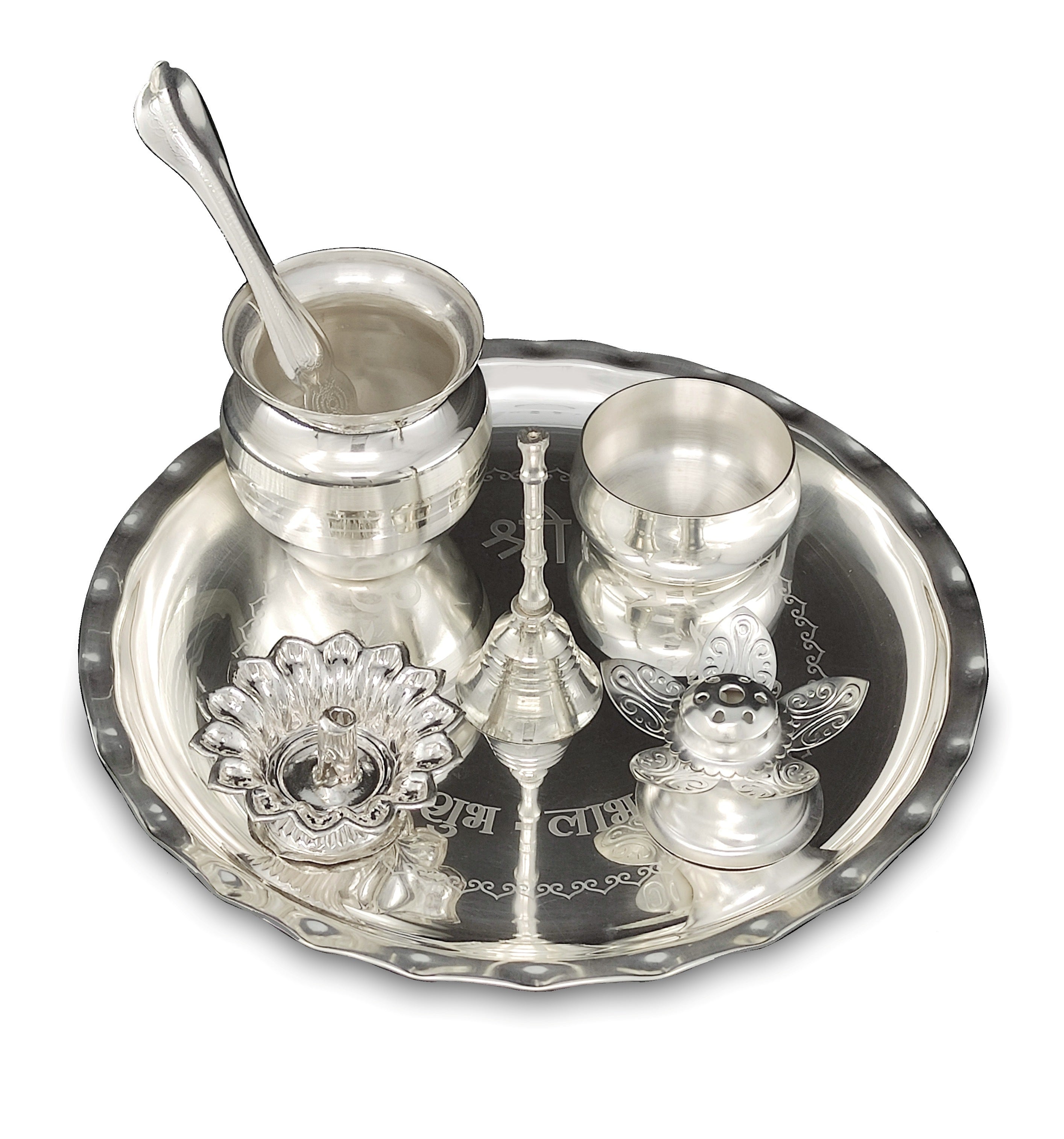 Bengalen Silver Plated Pooja thali Set 8 Inch with Plate Ghanti Bowl Spoon Dhup Dan Diya Kumkum Holder Coin Puja Thali for Home Mandir Office Wedding Return Diwali Gift Items