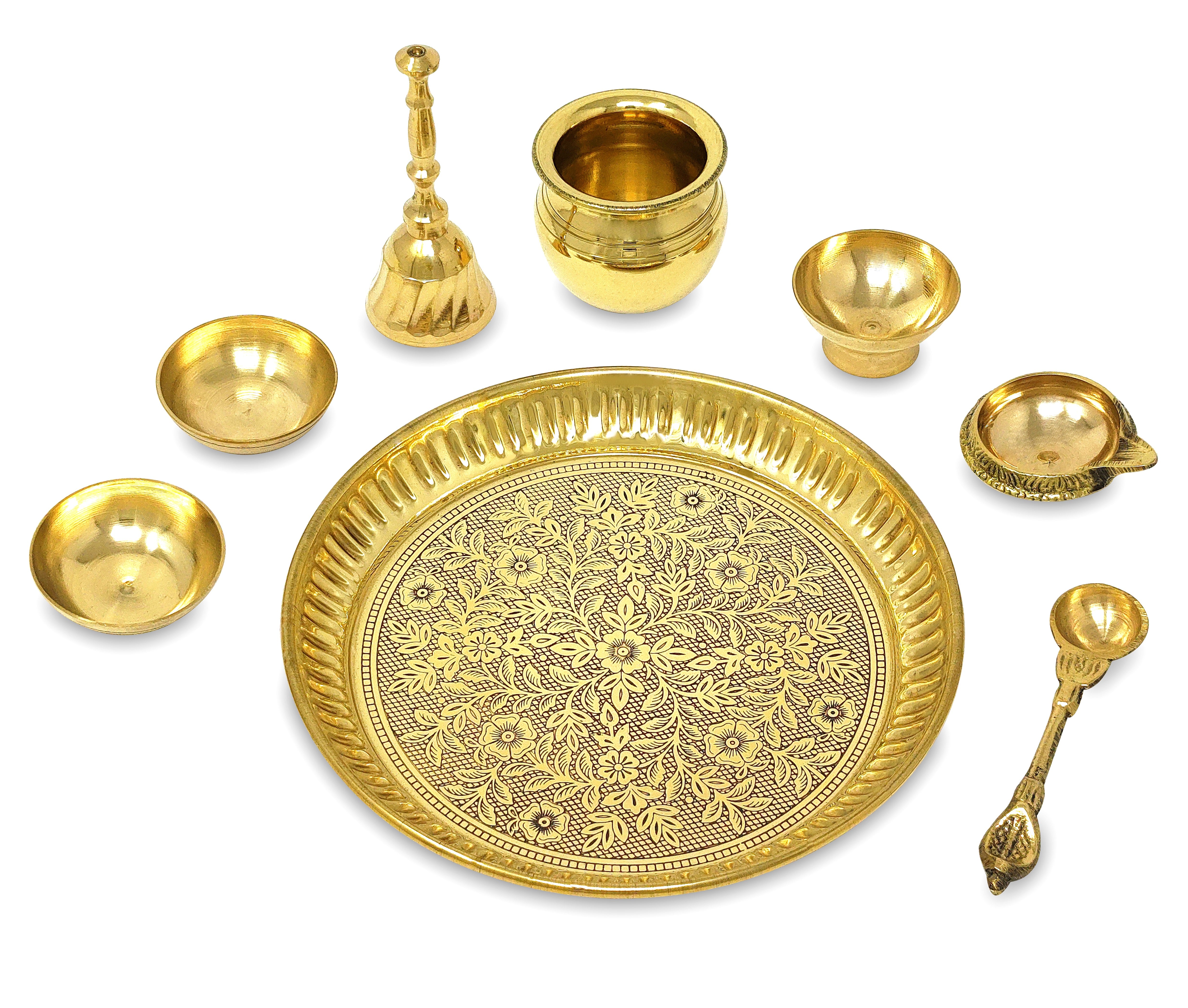 BENGALEN Brass Pooja Thali Set 6 Inch Puja Thali with Pital Plate Chandan Wati Kalash Kuber Diya Ghanti Palli Arti Thali for Diwali Home Office Mandir Wedding Return Gift Items