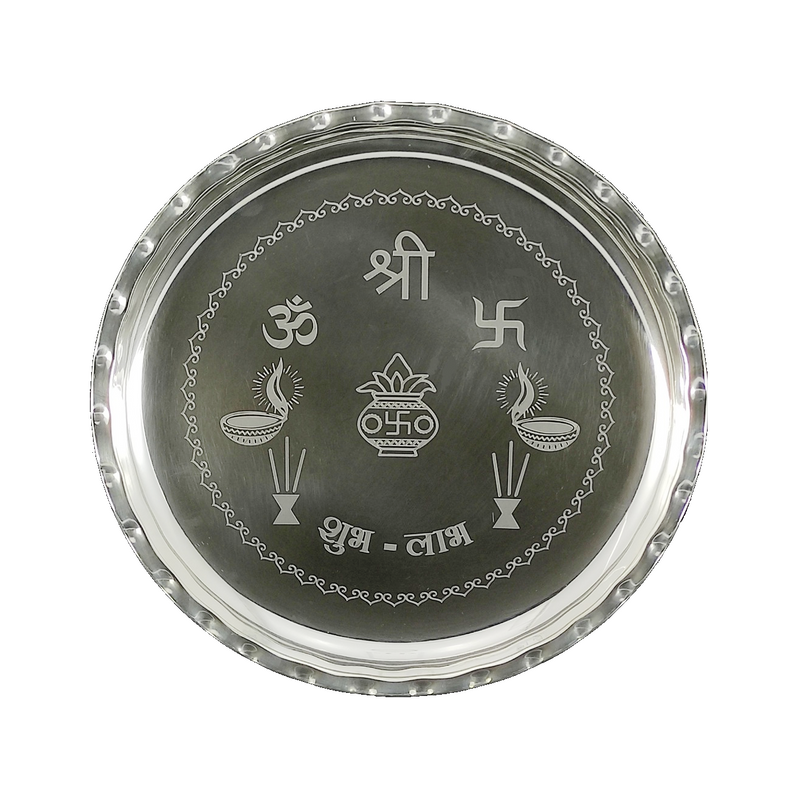 BENGALEN Silver Plated Pooja thali Set 9.5 Inch with Plate Bowls Ghanti Kalash Palli Diya Dhup Dan Puja Thali for Home Mandir Office Diwali Wedding Return Gift Items