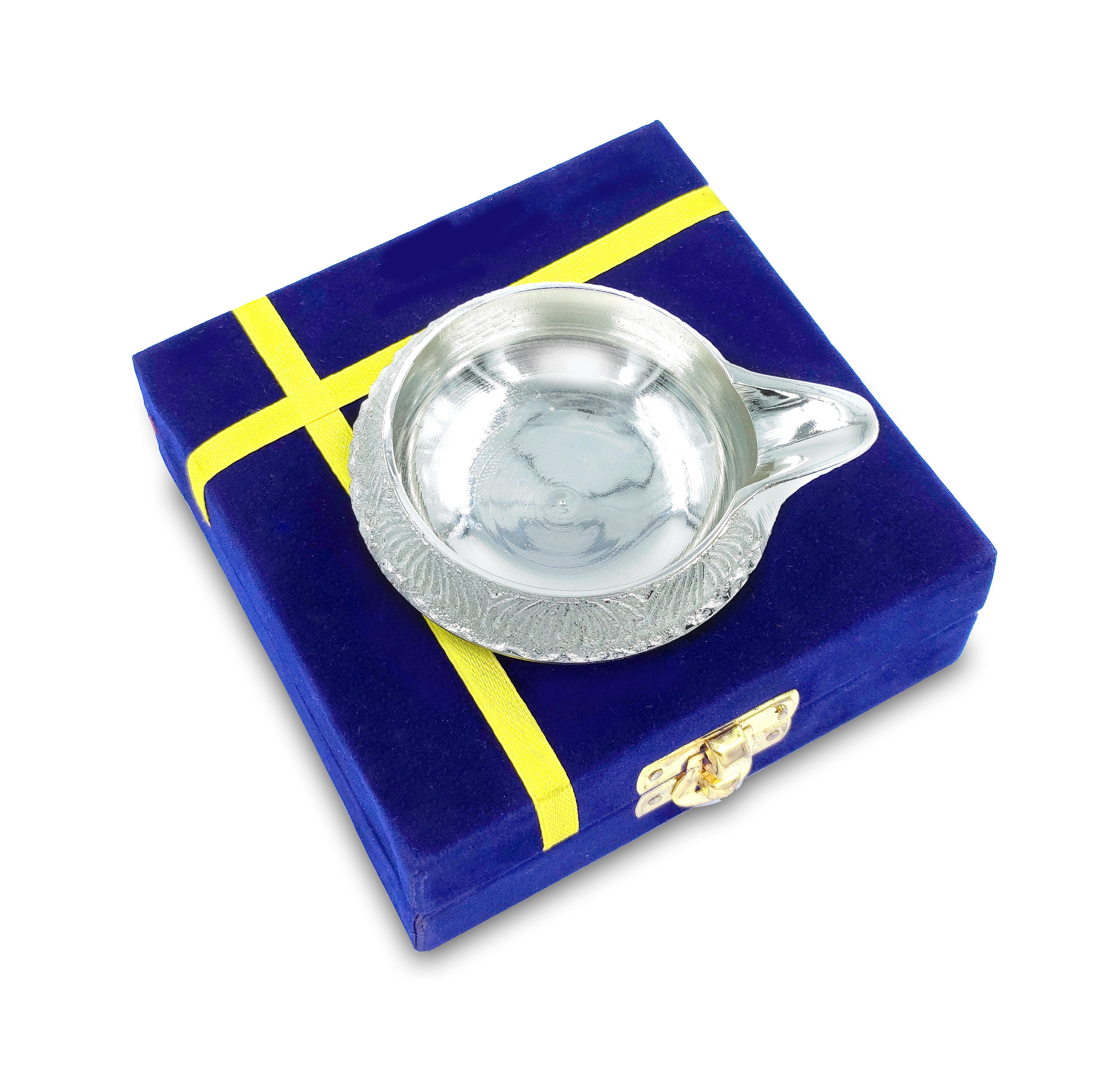 BENGALEN Silver Plated Diya with Blue Velvet Gift Box Kuber Dia Pooja Items Diwali Decoration Puja Gifts Handmade Oil Lamp Traditional Indian Deepawali Gift Items