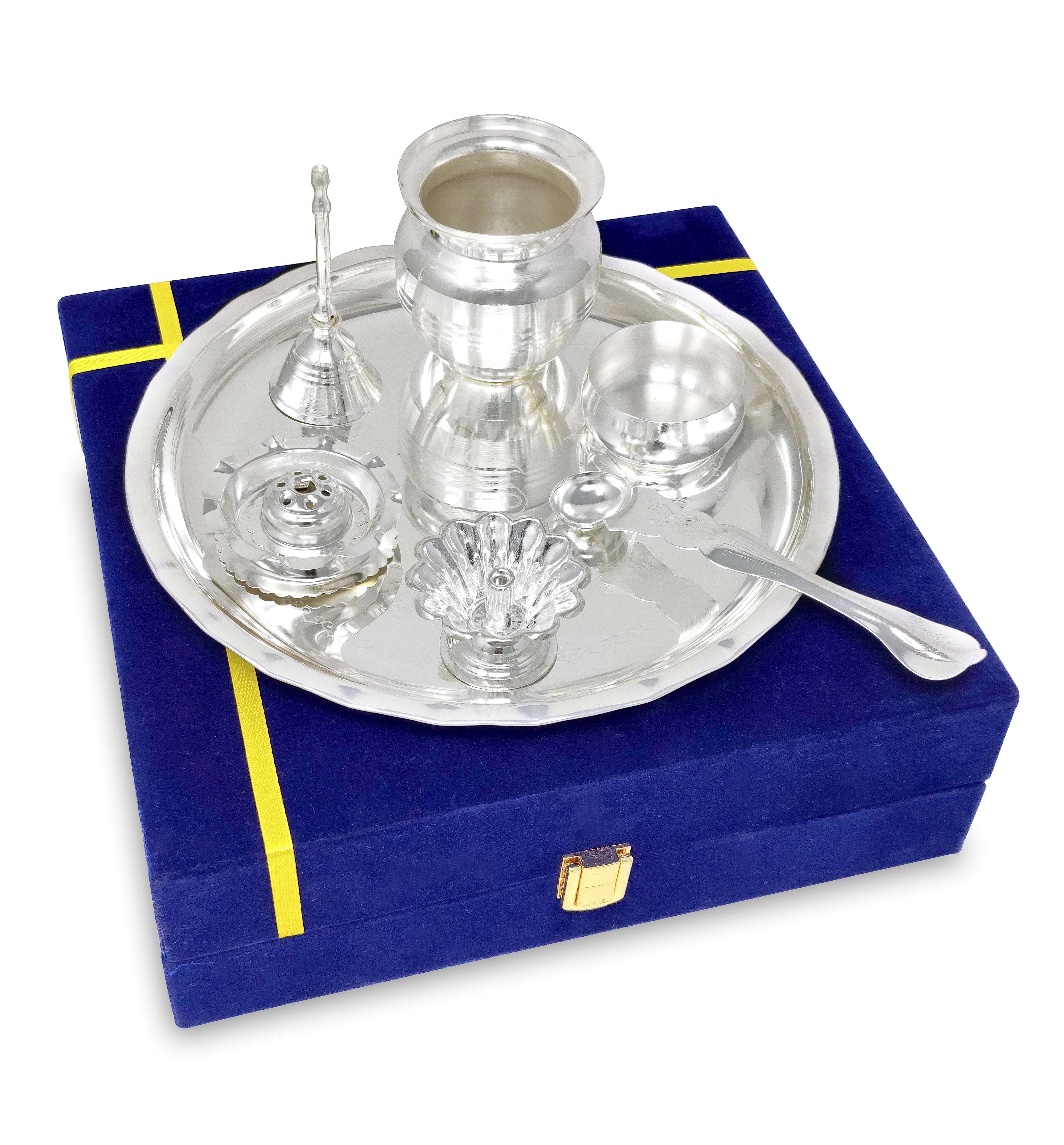 BENGALEN Pooja Thali Set with Velvet Gift Box 8 Inch Puja Plate Kalash Palli Diya Agarbatti Stand Bowl Kumkum Holder Ghanti Puja Items Diwali Wedding Gifts