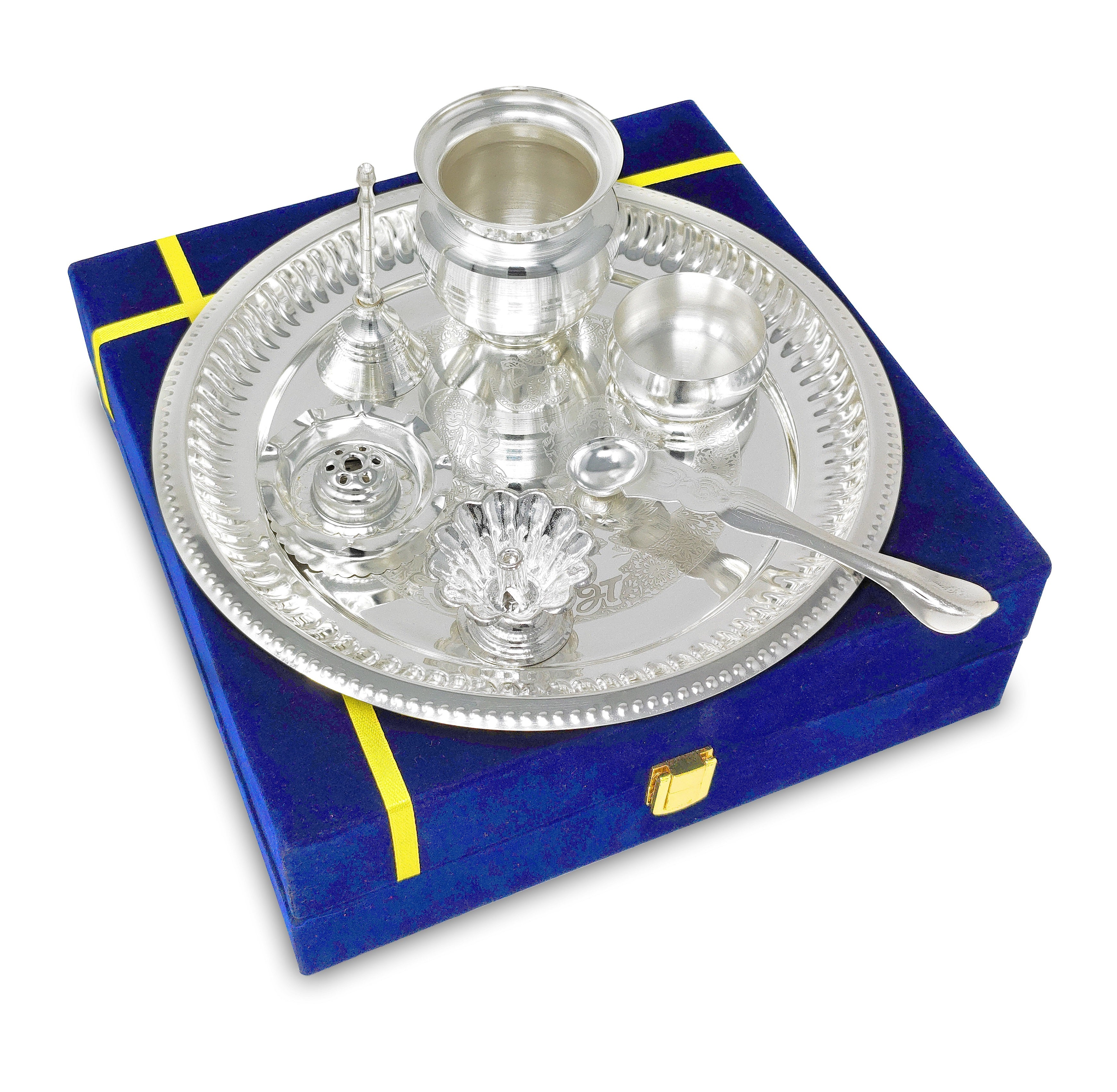 BENGALEN Pooja Thali Set Silver Plated with Blue Gift Box Puja Plate Devdas Diya Kalash Bowl Palli Haldi Kumkum Stand Dhup Dan Ghanti for Home Office Diwali Wedding Return Gifts