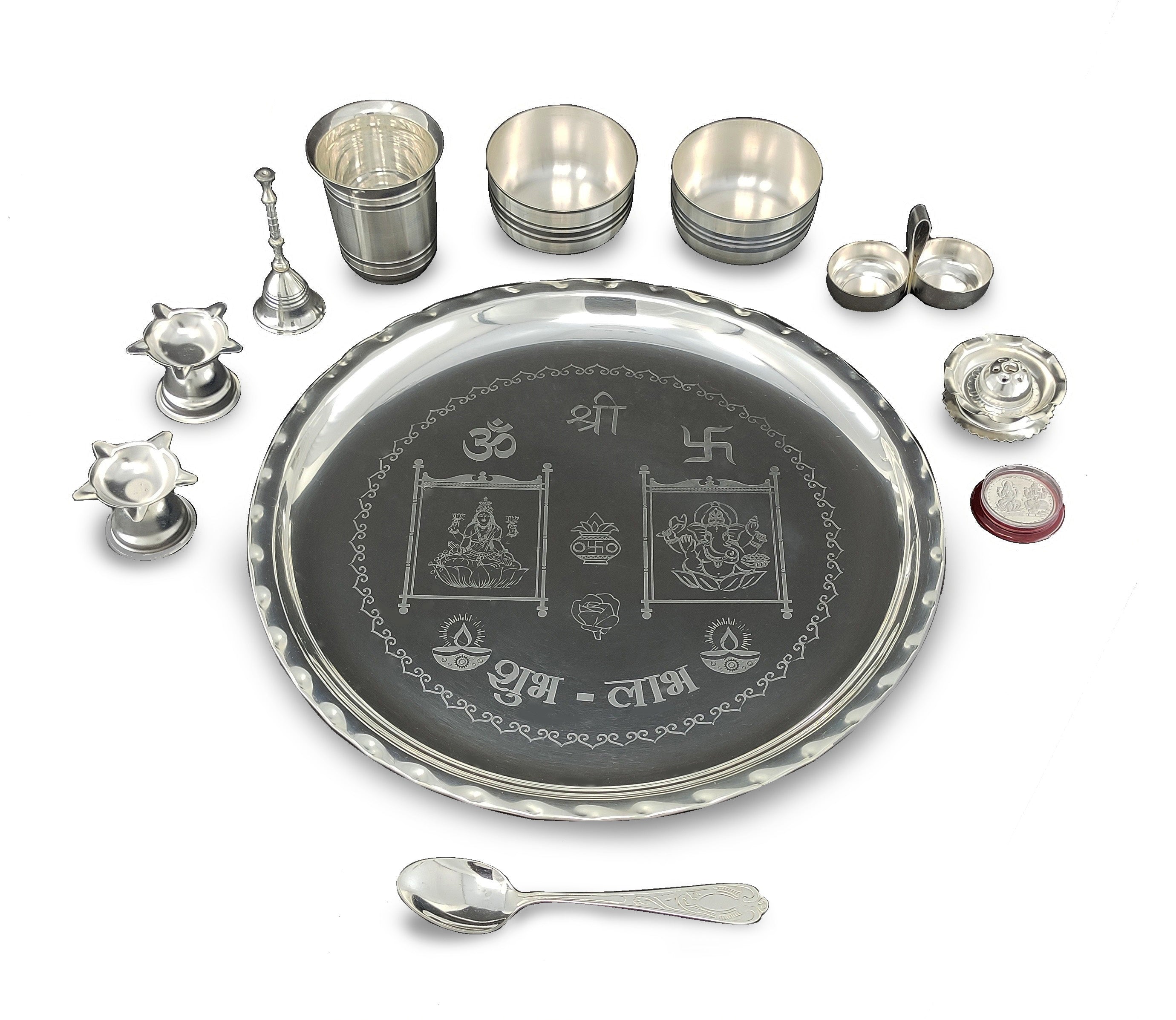 BENGALEN Pooja Thali Set 12 Inch Silver Plated with Designed Puja Thali Glass Bowl Spoon Diya Dhup Dan Haldi Kumkum Stand Ghanti Coin for Home Mandir Office Wedding Return Gift Items