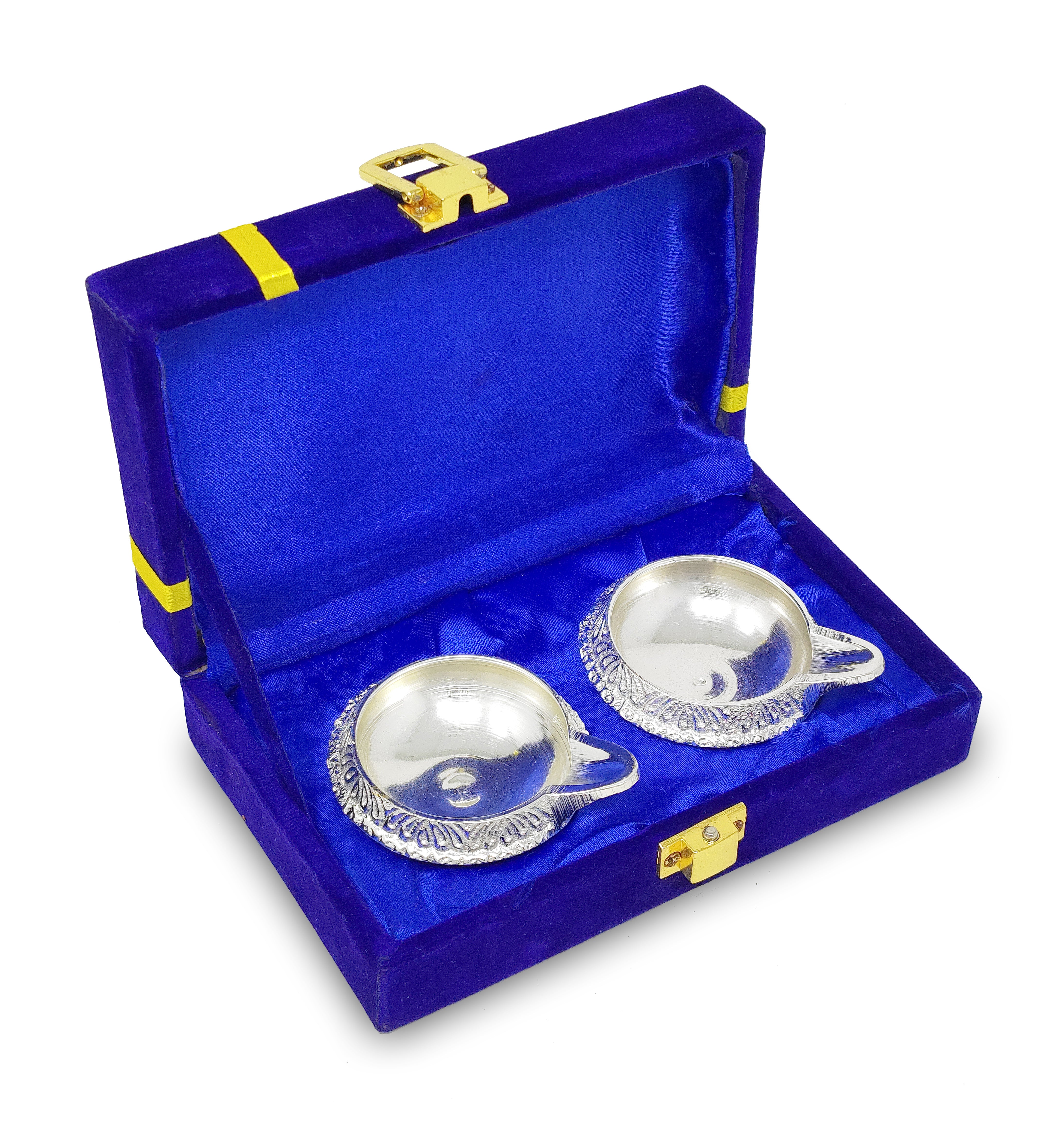 BENGALEN Diwali Gift German Silver Diya with Blue Velvet Box Silver Plated Panchmukhi Dia Pooja Items Home Decoration Puja Gifts Handmade Oil Lamp Traditional Indian Dhanteras Gifts