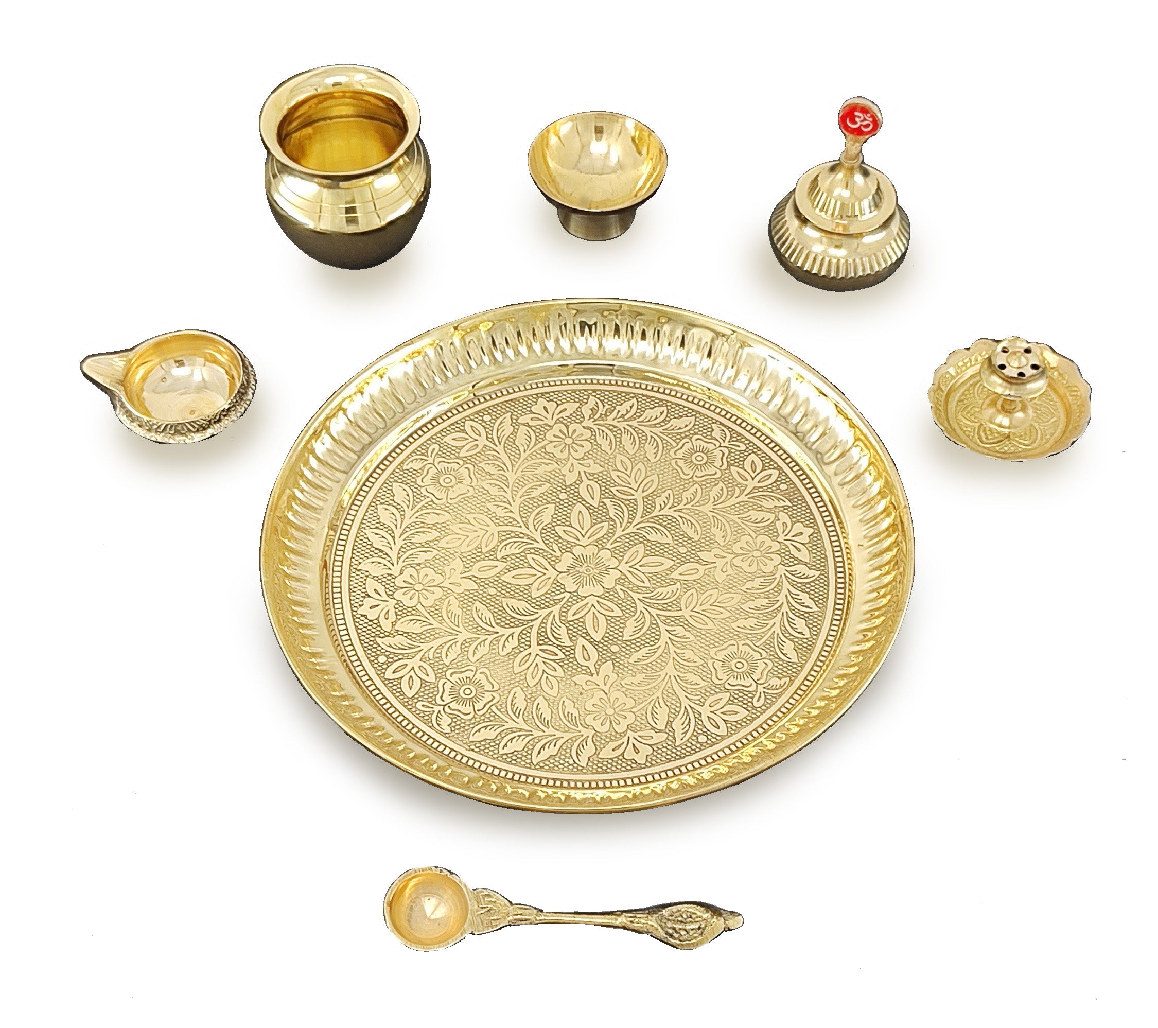 BENGALEN Brass Pooja Thali Set 7 Inch with Pital Puja Plate Kalash Bowl Spoon Dhup Dan Palli Ghanti Kuber Diya Chandan Wati Arti Thali for Diwali Home Office Mandir Wedding Return Gift Items