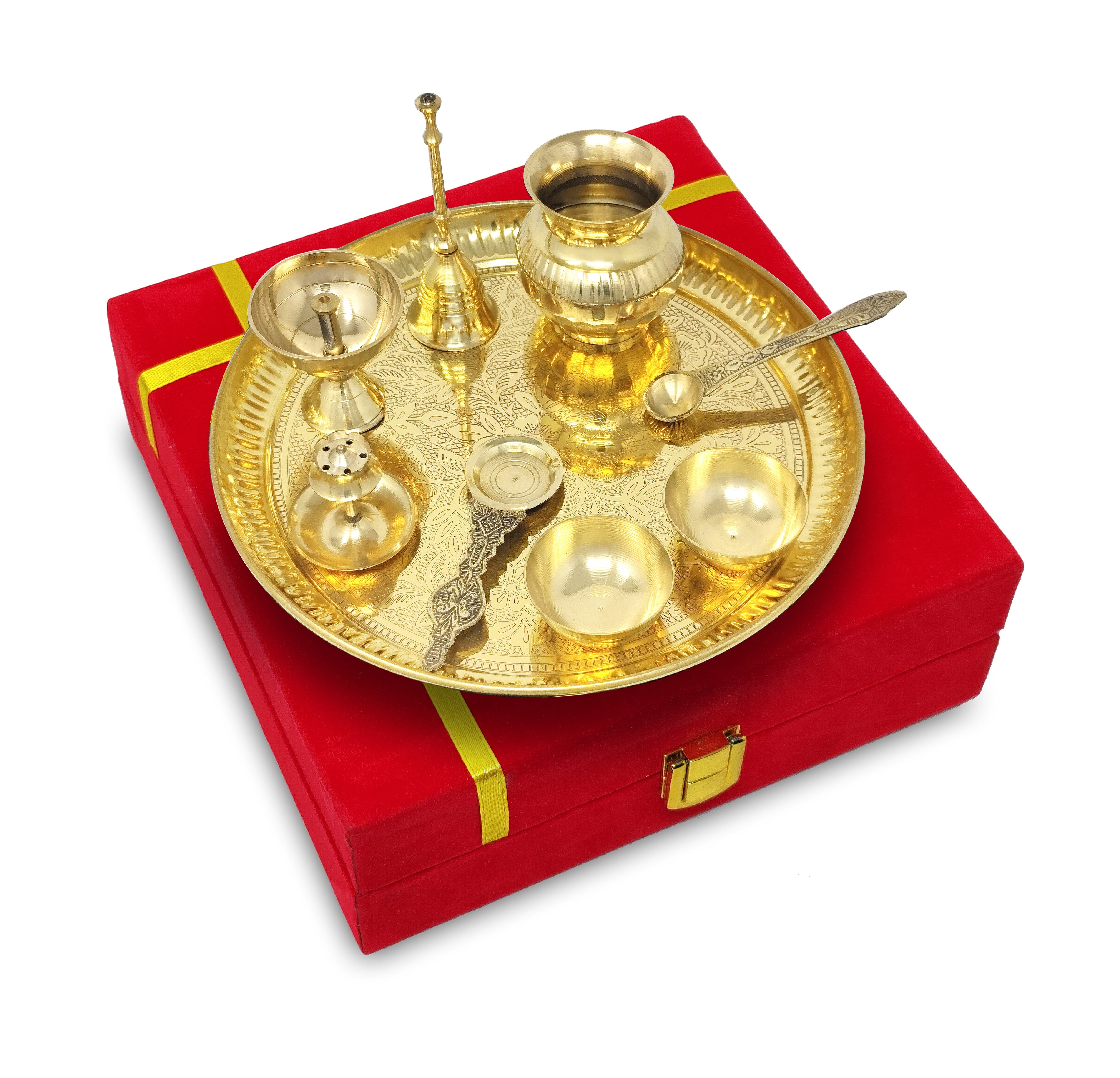 BENGALEN Brass Pooja Thali Set with Red Gift Box 10 Inch