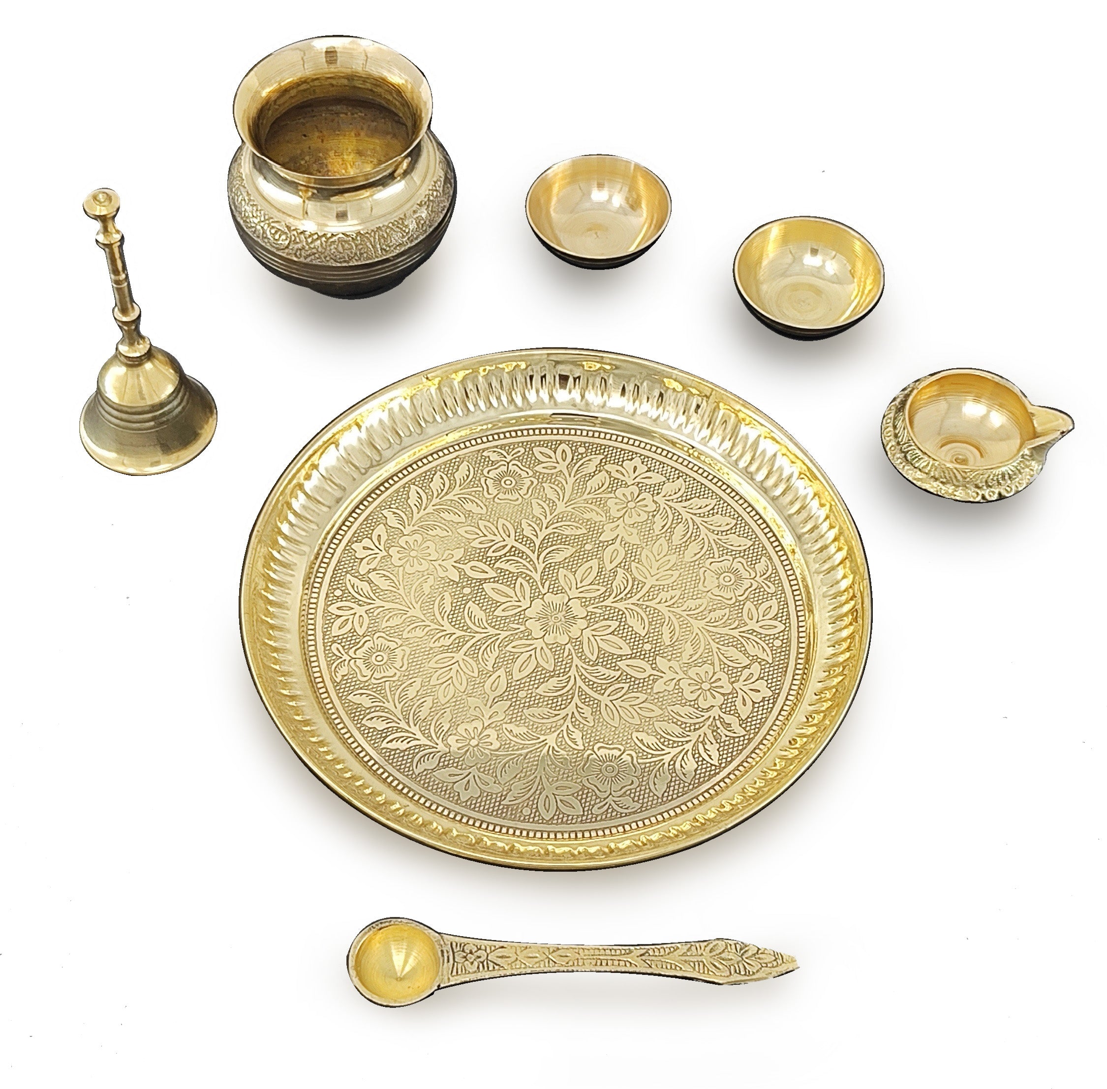 BENGALEN Brass Pooja Thali Set 7 Inch with Pital Puja Plate Kalash Bowl Spoon Dhup Dan Palli Ghanti Kuber Diya Chandan Wati Arti Thali for Diwali Home Office Mandir Wedding Return Gift Items