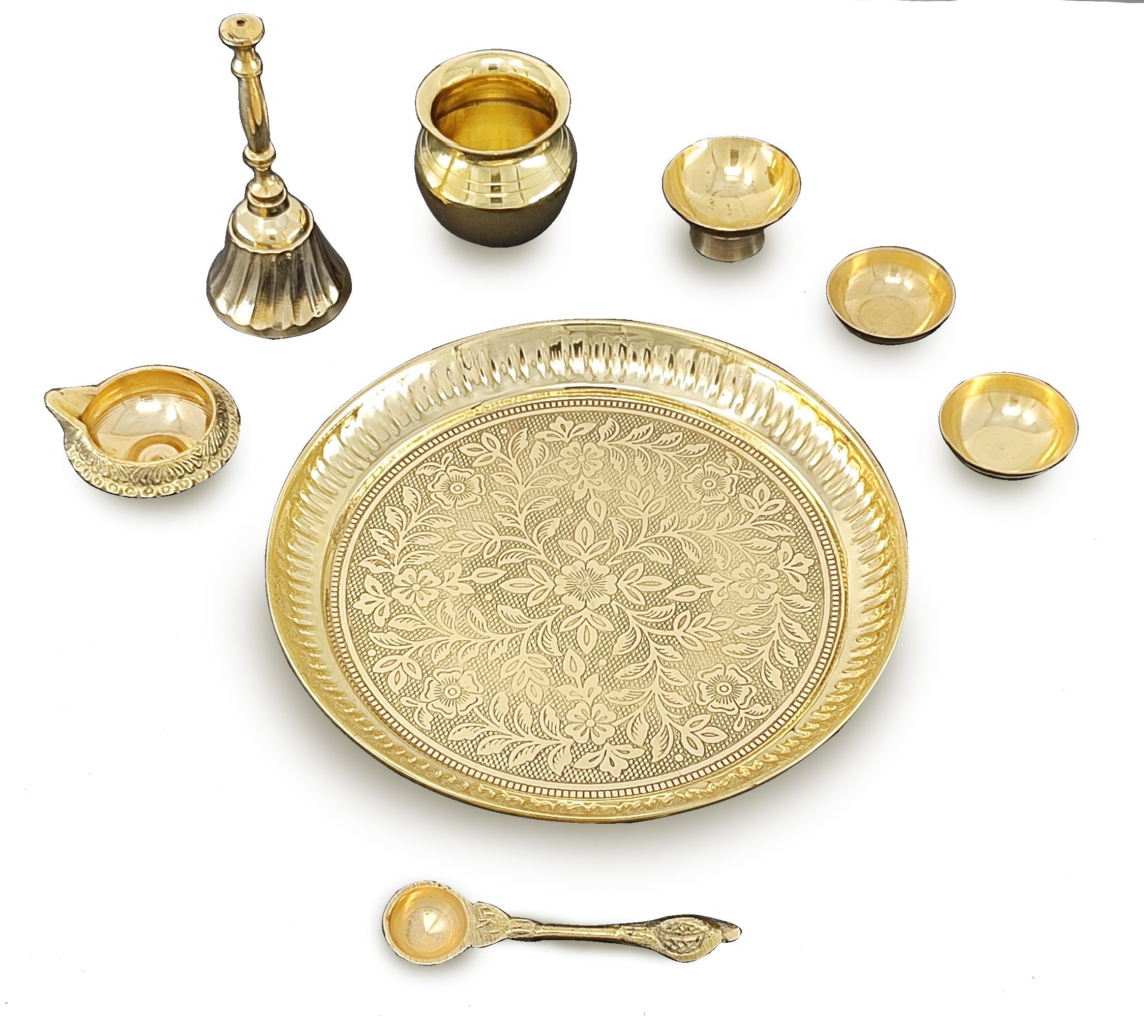 BENGALEN Brass Pooja Thali Set 7 Inch with Pital Puja Plate Kalash Bowl Spoon Dhup Dan Palli Ghanti Kuber Diya Chandan Wati Arti Thali for Diwali Home Office Mandir Wedding Return Gift Items