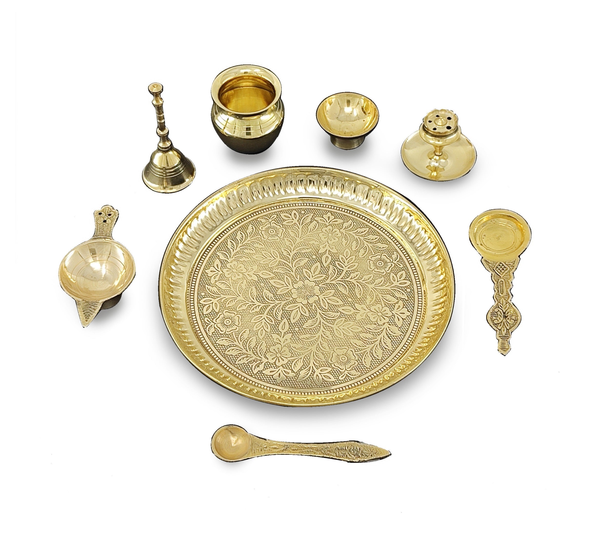 BENGALEN Brass Pooja Thali Set 7 Inch with Pital Puja Plate Kalash Bowl Spoon Dhup Dan Palli Ghanti Kuber Diya Chandan Wati Arti Thali for Diwali Home Office Mandir Wedding Return Gift Items