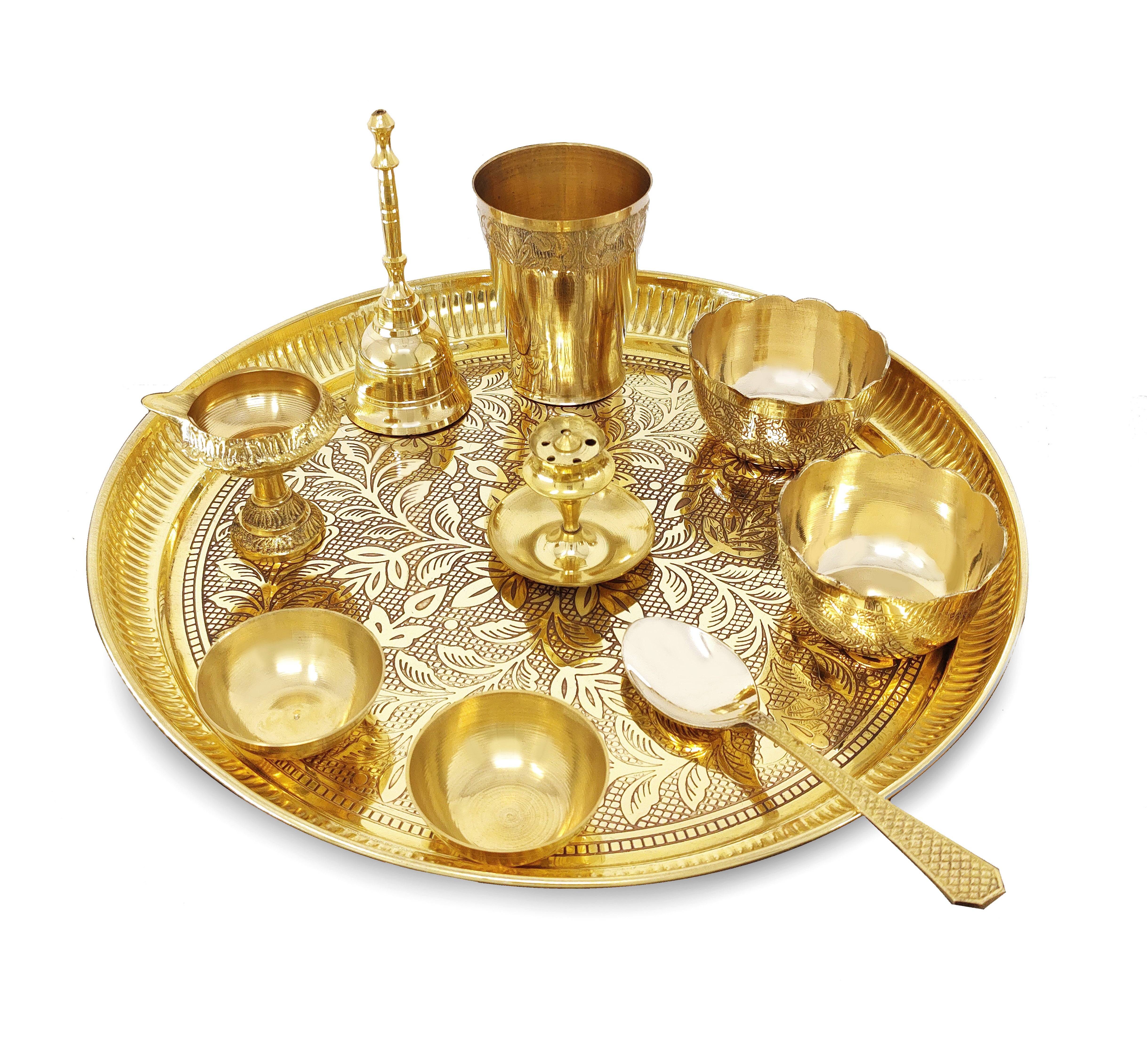 BENGALEN Brass Pooja Thali Set 10 Inch for Diwali Home Office Mandir Wedding Return Gift Items