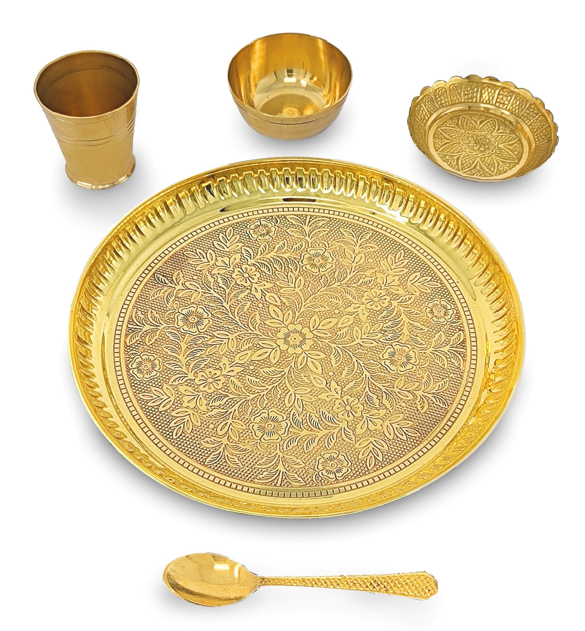 BENGALEN Brass Pooja Bhog Thali Set 8 Inch Puja Thali with Pital Plate and Accessories Arti Thali for Diwali Home Office Mandir Wedding Return Gift Items