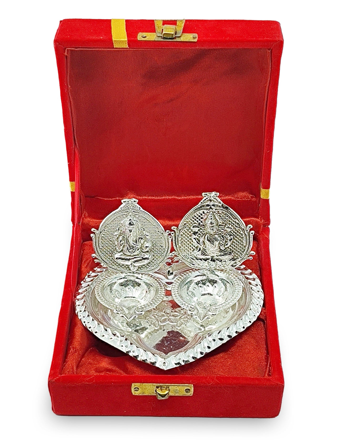 BENGALEN Silver Plated Lakshmi Ganesha Diya with Red Velvet Gift Box Dia Pooja Items Diwali Decoration Puja Gifts Handmade Gift Items