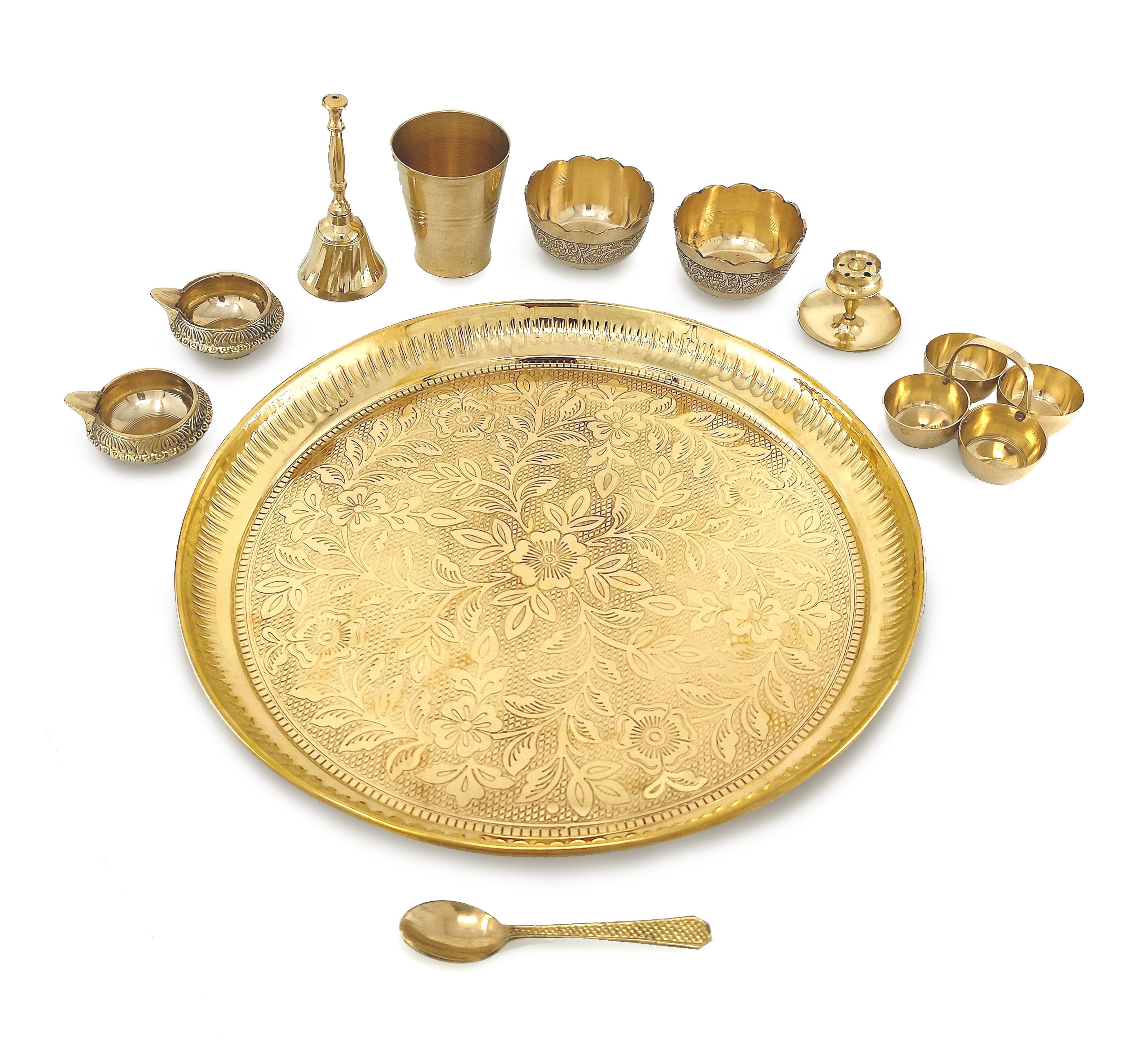 Bengalen Brass Pooja Thali Set 12 Inch with Pital Plate Glass Bowl Spoon Palli Ghanti Kuber Diya Dhup Dan Haldi Kumkum Stand Puja Thali for Diwali Home Office Mandir Wedding Return Gift Items