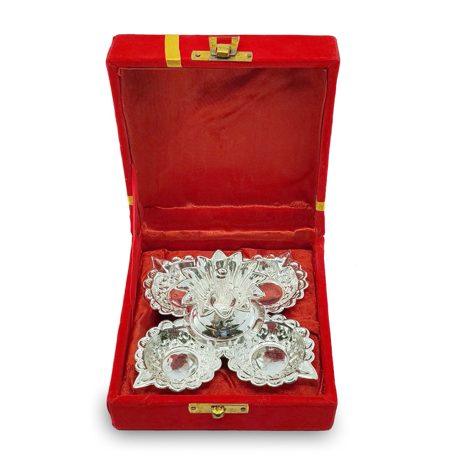 BENGALEN Silver Plated Panchmukhi Diya with Red Velvet Gift Box Pooja Items Diwali Decoration Puja Gifts Handmade Gift Items