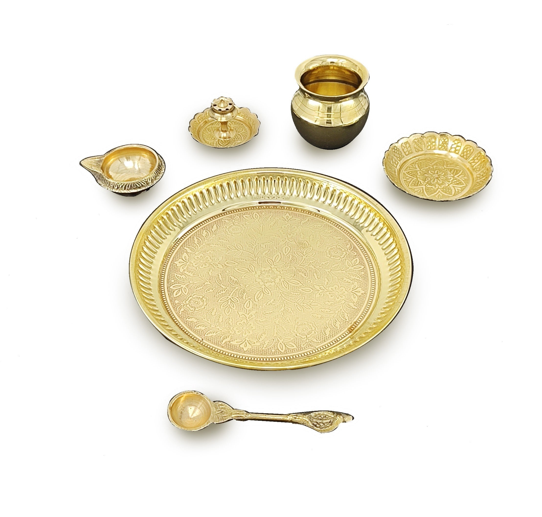 BENGALEN Brass Pooja Thali Set 6 Inch Puja Thali with Pital Plate Kalash Kuber Diya Dhup Dan Palli Kangura Plate Arti Thali for Diwali Home Office Mandir Wedding Return Gift Items