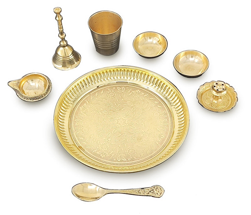 BENGALEN Brass Pooja Thali Set 6 Inch Puja Thali with Pital Plate Glass Chandan Wati Dhup Dan Kuber Deep Ghanti Spoon Arti Thali for Diwali Home Office Mandir Wedding Return Gift Items
