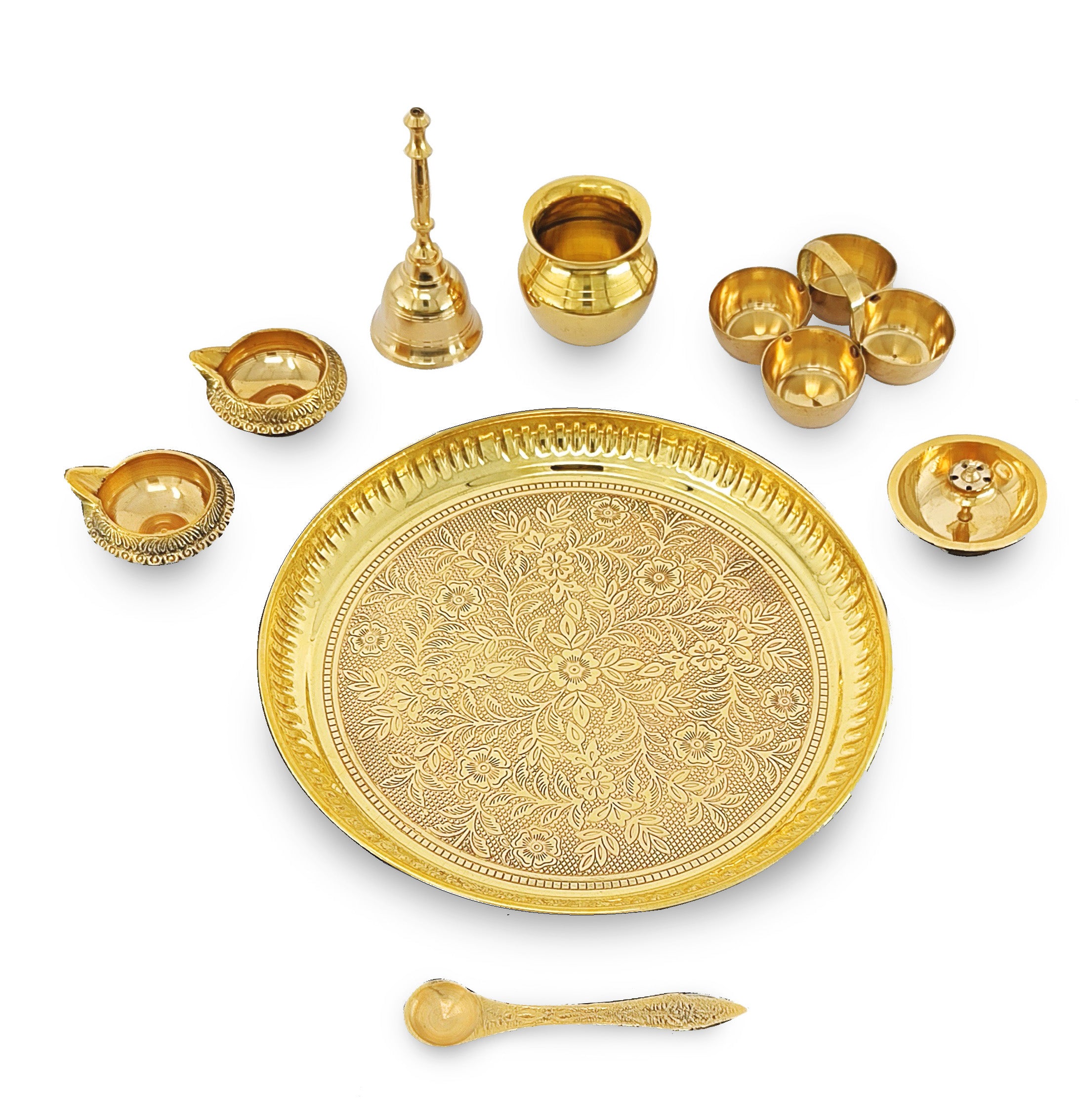 BENGALEN Brass Pooja Thali Set 8 Inch Puja Thali with Pital Plate Kalash Haldi Kumkum Stand Dhup Dan Kuber Diya Ghanti Palli Arti Thali for Diwali Home Office Mandir Wedding Return Gift Items