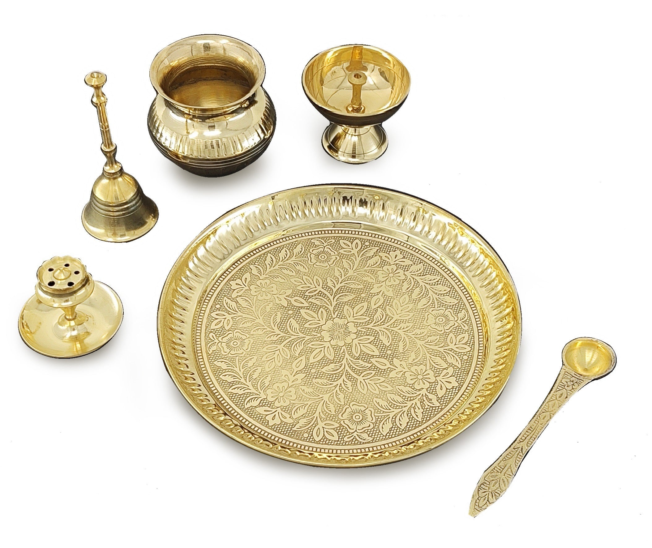 BENGALEN Brass Pooja Thali Set 7 Inch with Pital Puja Plate Kalash Bowl Spoon Dhup Dan Palli Ghanti Kuber Diya Chandan Wati Arti Thali for Diwali Home Office Mandir Wedding Return Gift Items