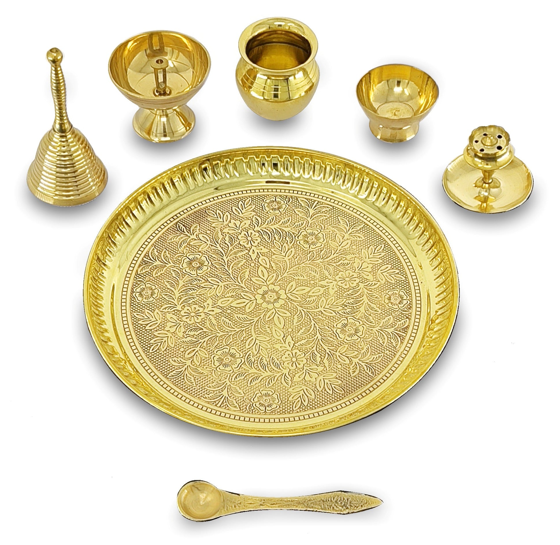 BENGALEN Brass Pooja Thali Set 8 Inch Puja Thali with Pital Plate Kalash Piyali Diya Ghanti Dhup Dan Chandan Wati Palli Arti Thali for Diwali Home Office Mandir Wedding Return Gift Items