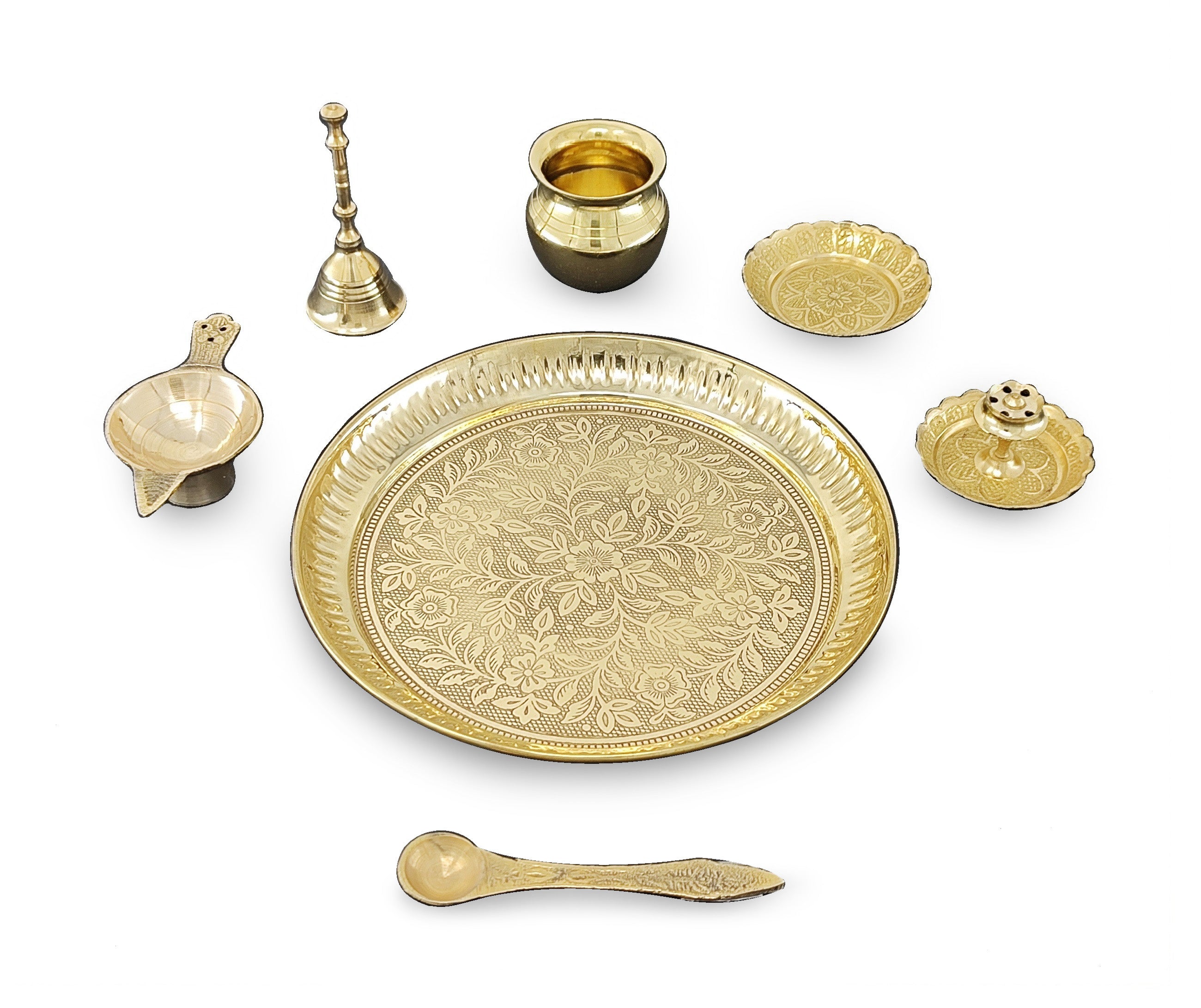 BENGALEN Brass Pooja Thali Set 7 Inch with Pital Puja Plate Kalash Bowl Spoon Dhup Dan Palli Ghanti Kuber Diya Chandan Wati Arti Thali for Diwali Home Office Mandir Wedding Return Gift Items