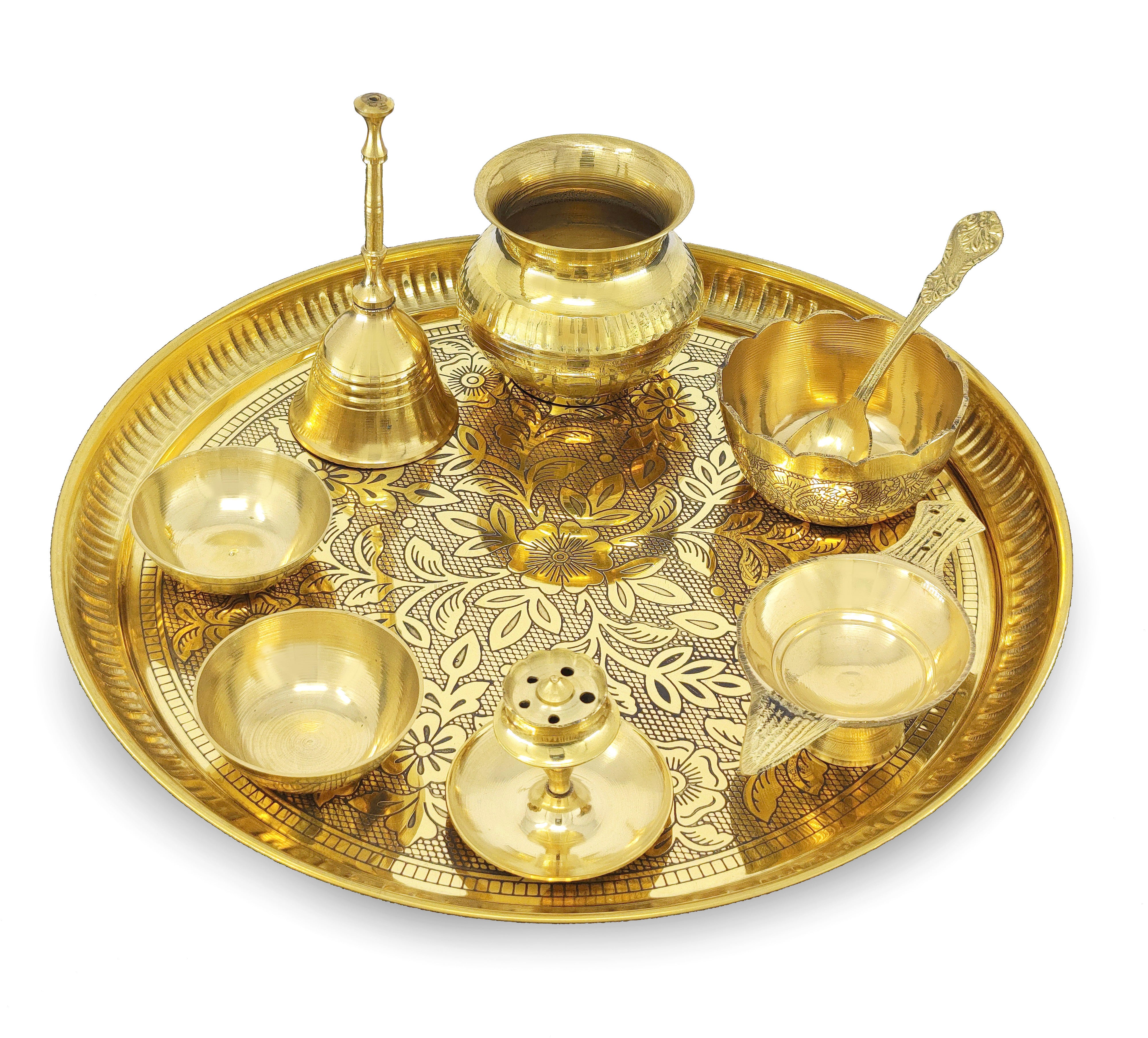 BENGALEN Brass Pooja Thali Set 10 Inch for Diwali Home Office Mandir Wedding Return Gift Items