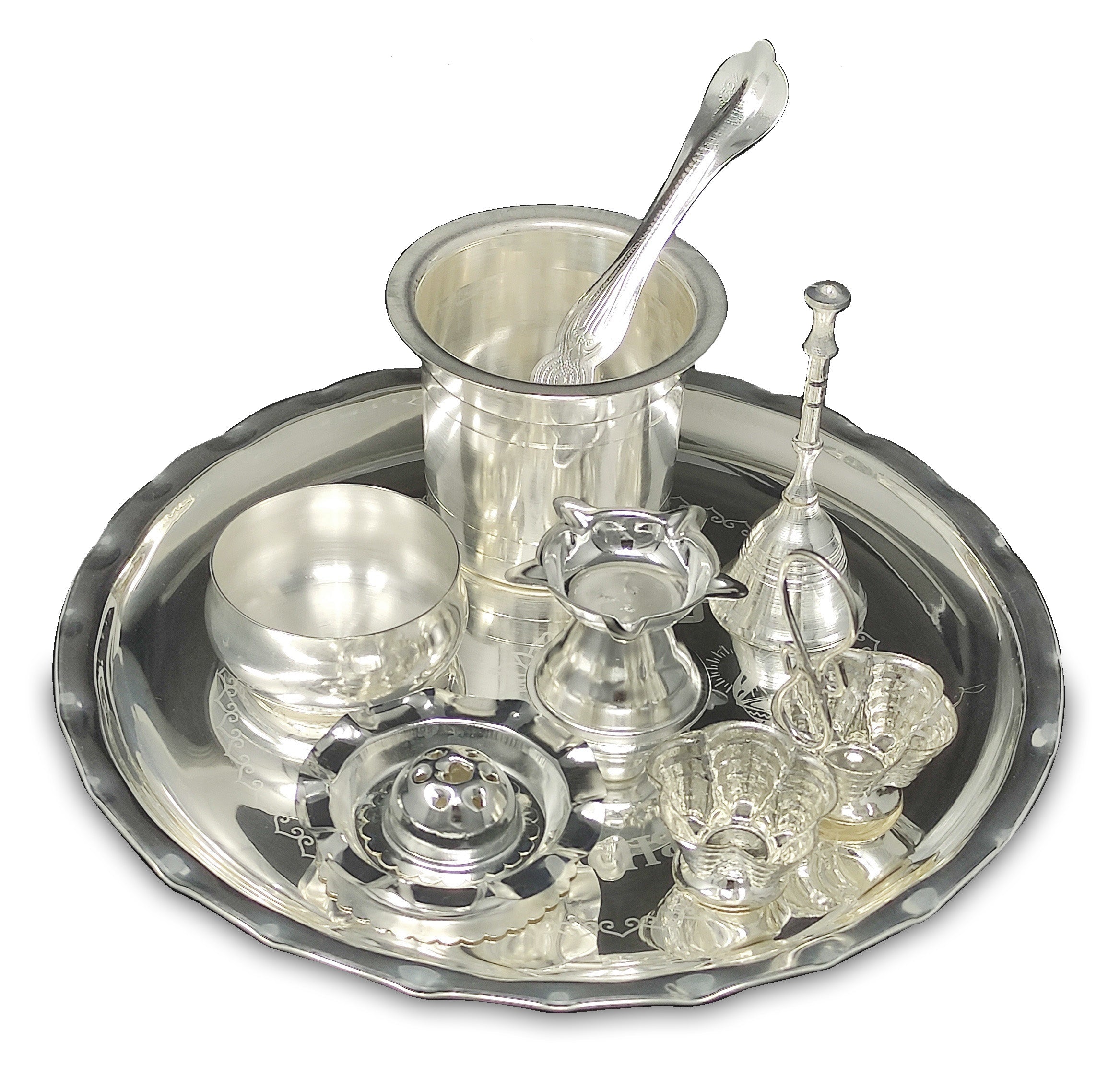 Bengalen Silver Plated Pooja thali Set 08 Inch Festival Ethnic Puja Thali Items for Home, Office, Mandir, Weeding Gift