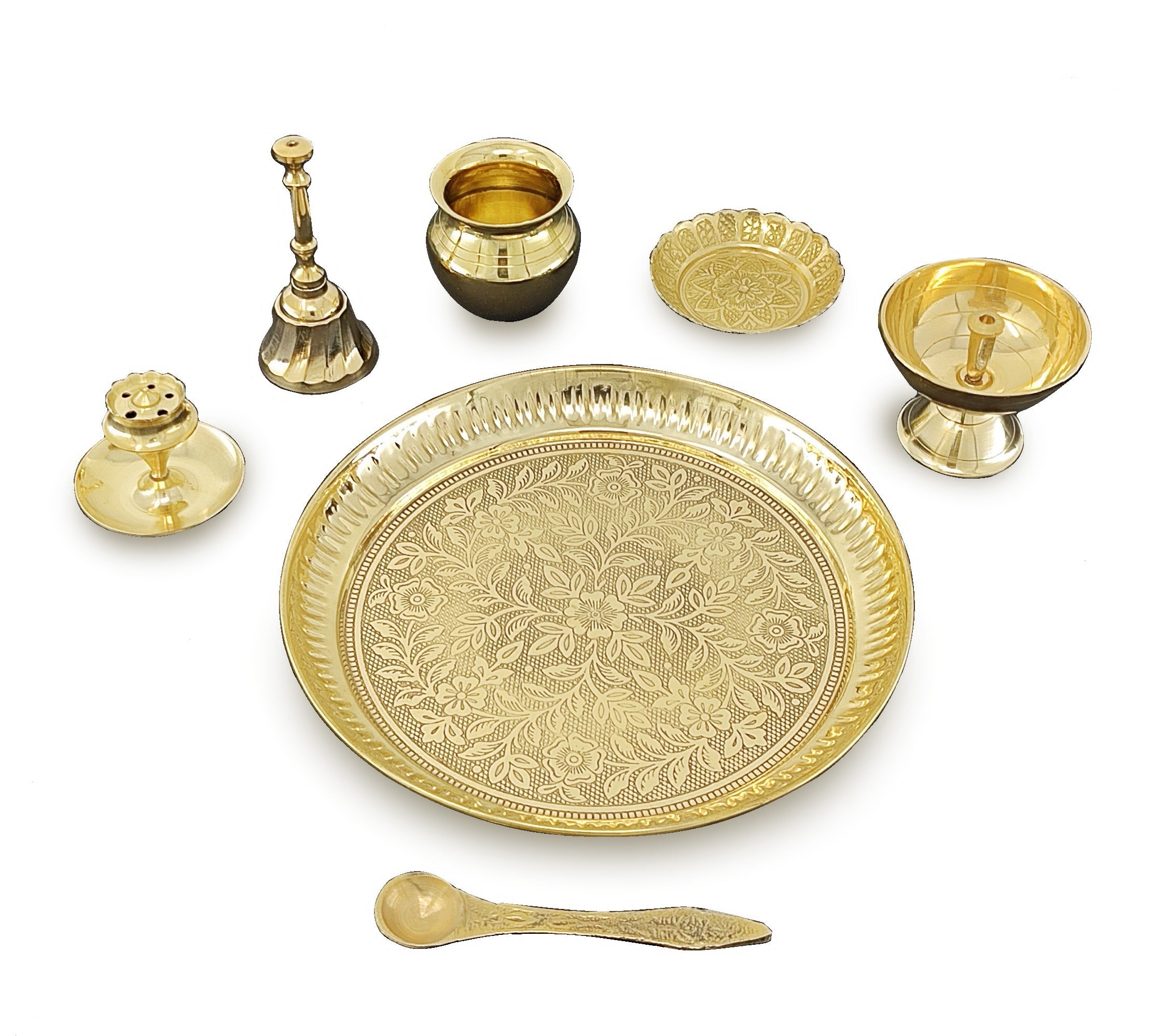 BENGALEN Brass Pooja Thali Set 7 Inch with Pital Puja Plate Kalash Bowl Spoon Dhup Dan Palli Ghanti Kuber Diya Chandan Wati Arti Thali for Diwali Home Office Mandir Wedding Return Gift Items