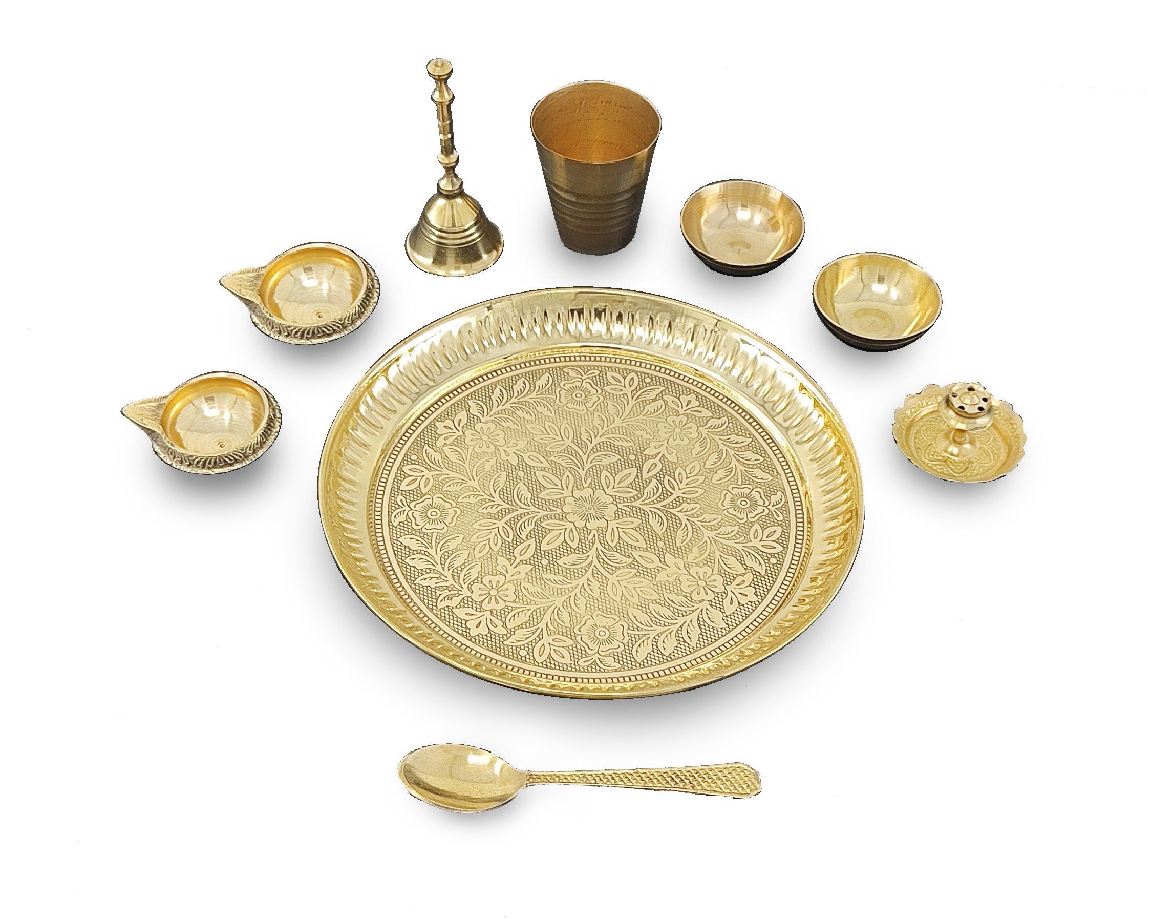 BENGALEN Brass Pooja Thali Set 7 Inch with Pital Puja Plate Kalash Bowl Spoon Dhup Dan Palli Ghanti Kuber Diya Chandan Wati Arti Thali for Diwali Home Office Mandir Wedding Return Gift Items