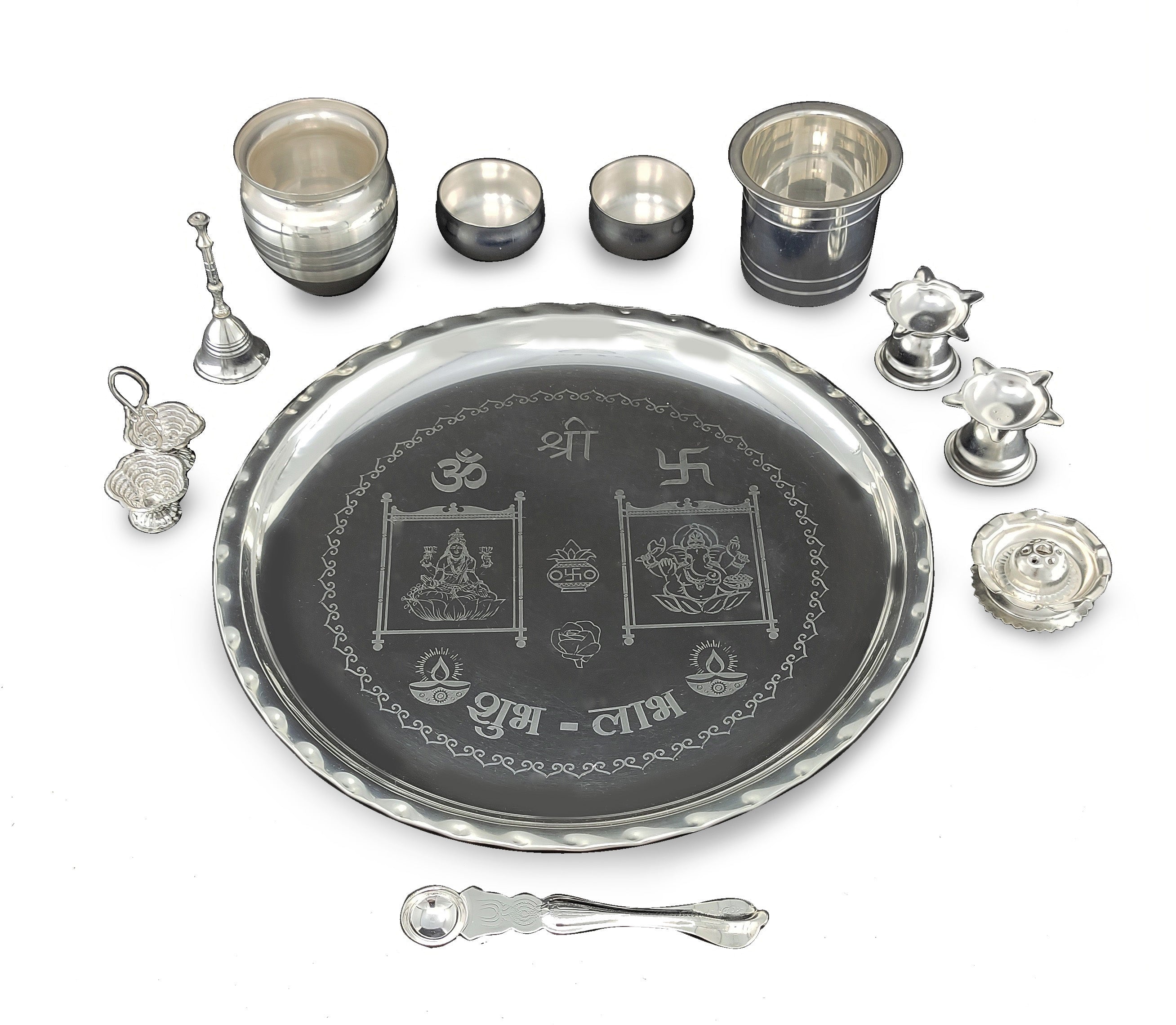 BENGALEN Pooja Thali Set 12 Inch Silver Plated with Designed Puja Plate Kalash Panchpatra Palli Bowl Dhup Dan Ghanti Haldi Kumkum Stand Diya for Home Mandir Office Wedding Return Gift Items