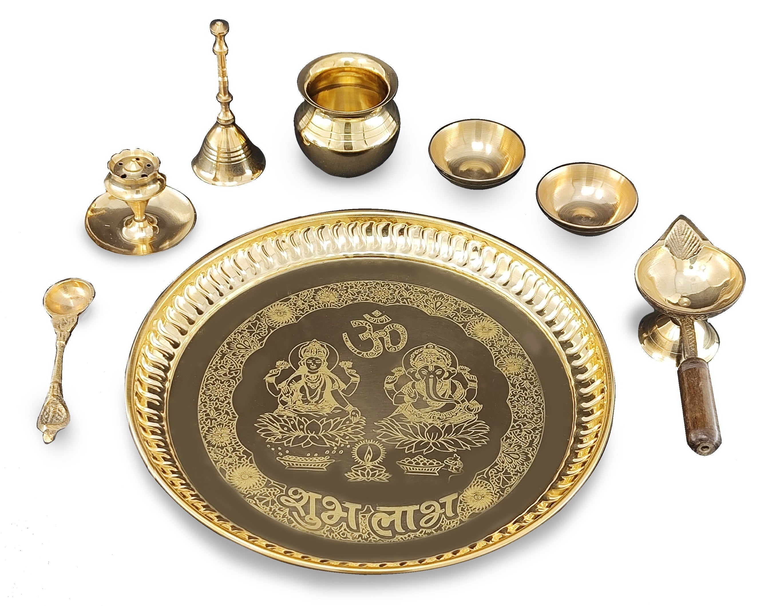 BENGALEN Brass Pooja Thali Set 8 Inch with Pital Puja Plate Kalash Bowl Palli Chandan Wati Diya Ghanti Dhup Dan Arti Thali for Diwali Home Office Mandir Wedding Return Gift Items