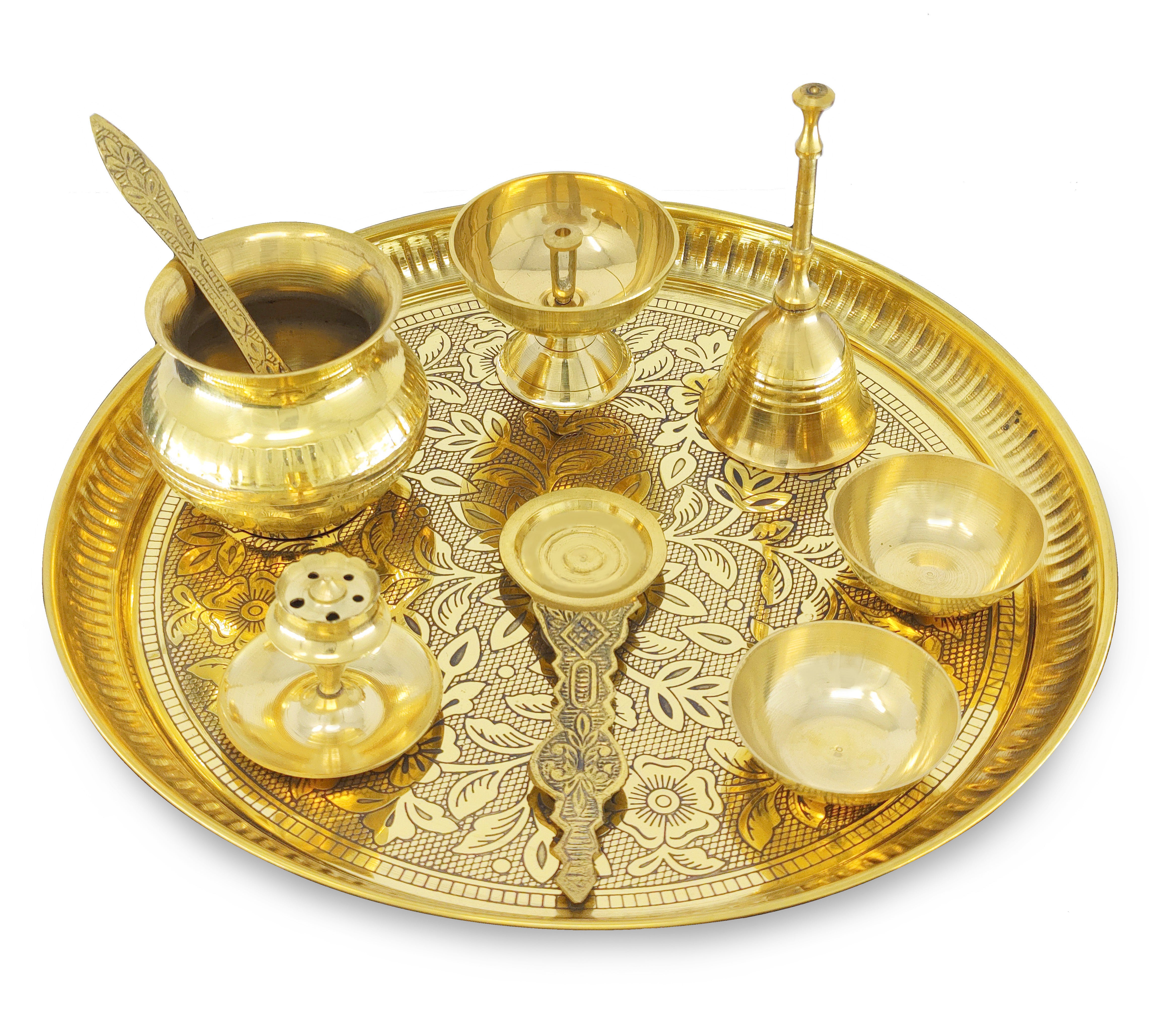 BENGALEN Brass Pooja Thali Set 10 Inch for Diwali Home Office Mandir Wedding Return Gift Items