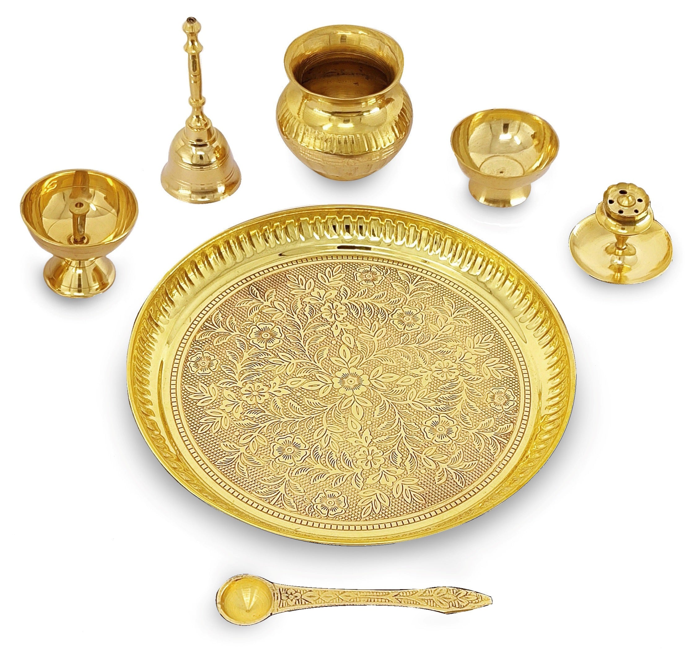 BENGALEN Brass Puja Thali Set 8 Inch Pooja Thali with Pital Plate Kalash Chandan Vati Piyali Deep Dhup Dan Ghanti Palli Diya Arti Thali for Diwali Home Office Mandir Wedding Return Gift Items